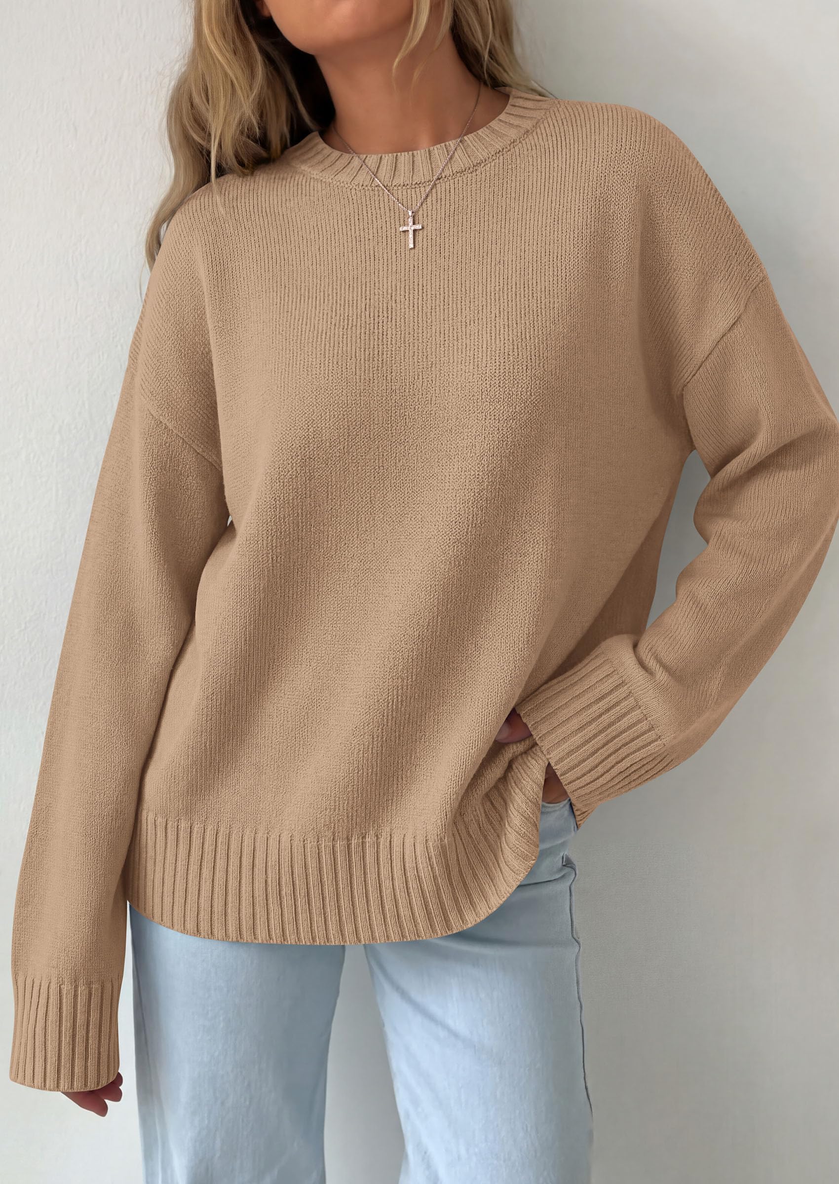 Oversized Sweater Women's Crewneck Long Sleeve Tops Khaki