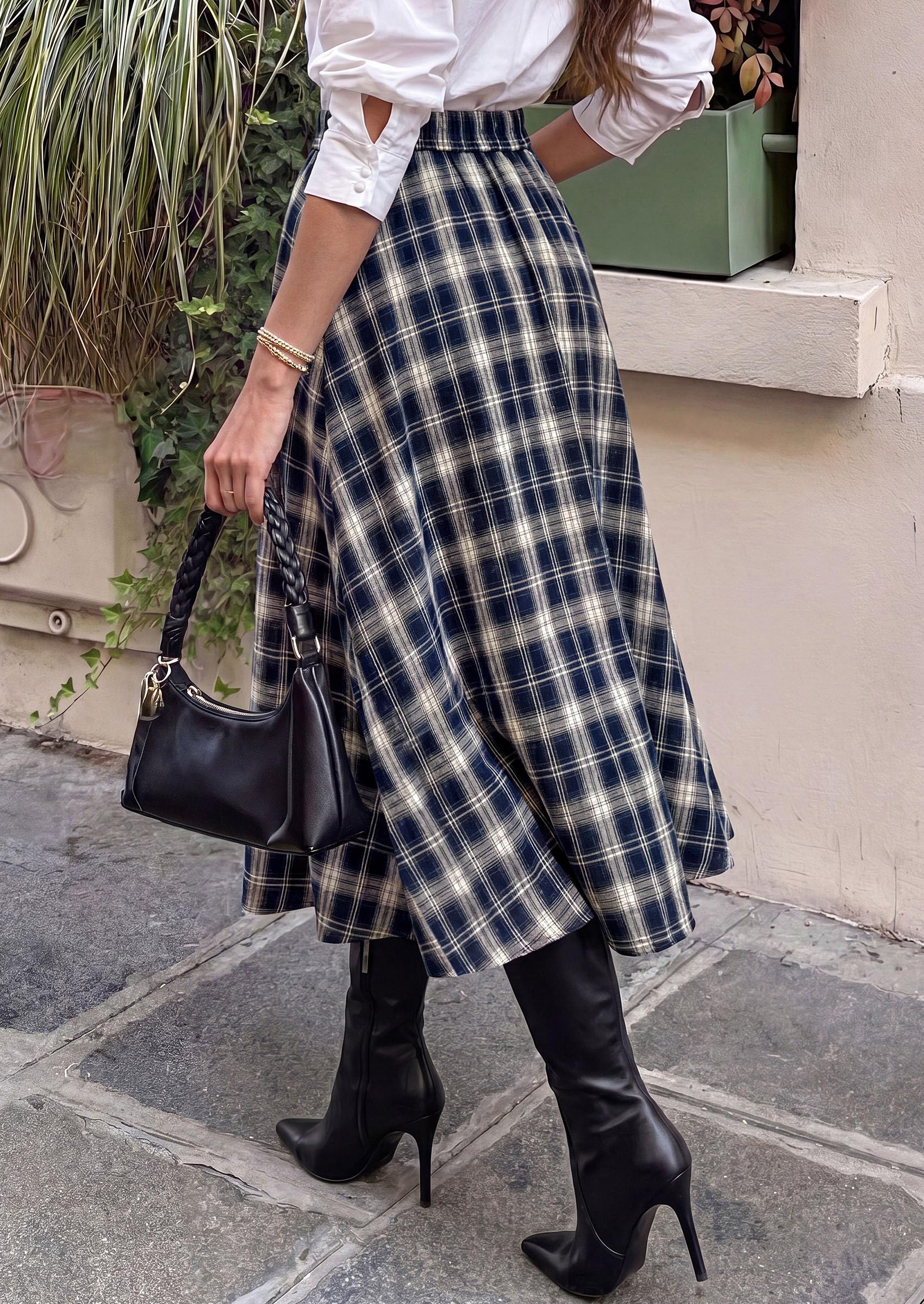 Women's Plaid High Waisted A-Line Midi Skirts,Navy Blue,S