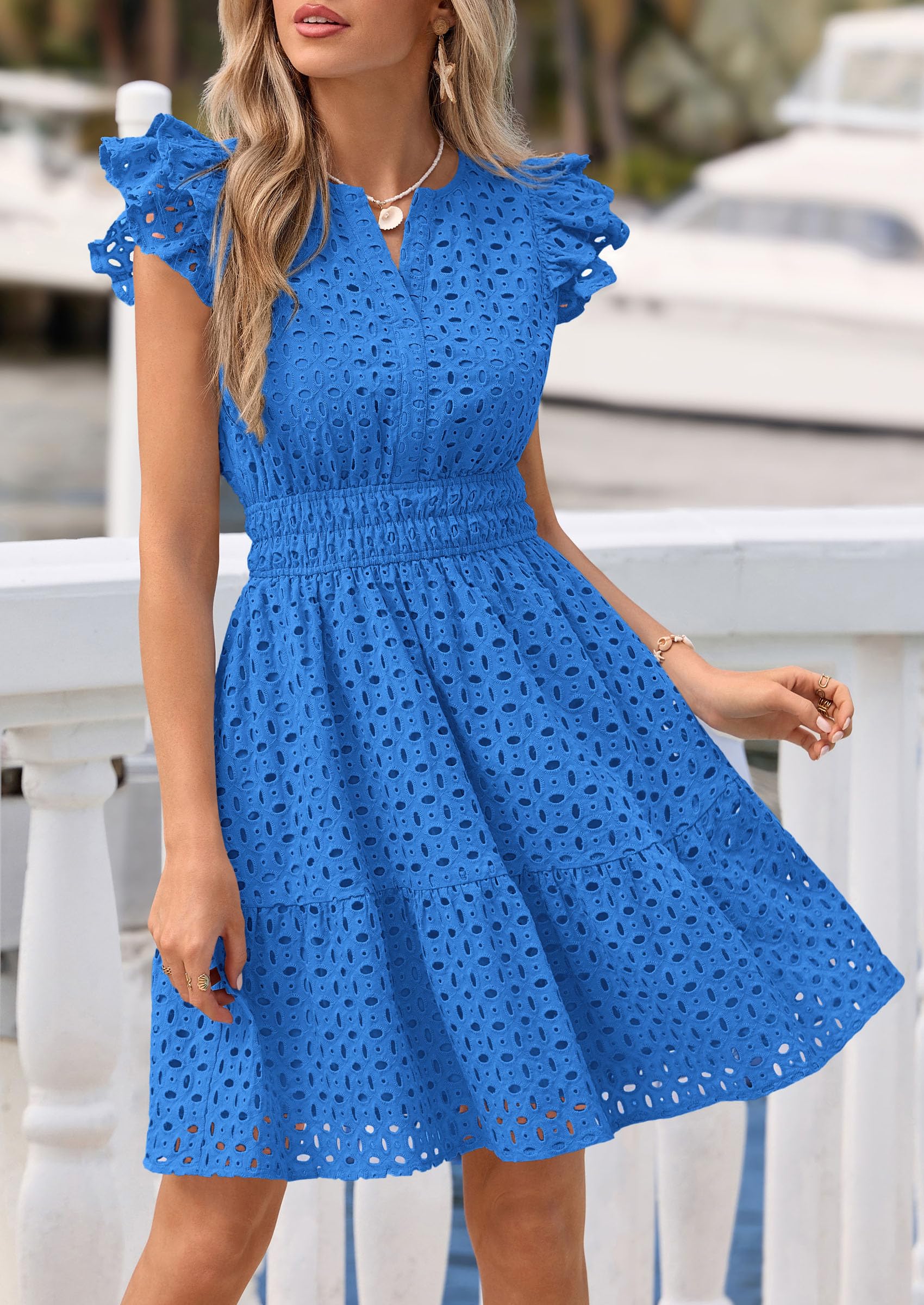 Women's Summer V Neck Eyelet Short Dress (Blue,Small)