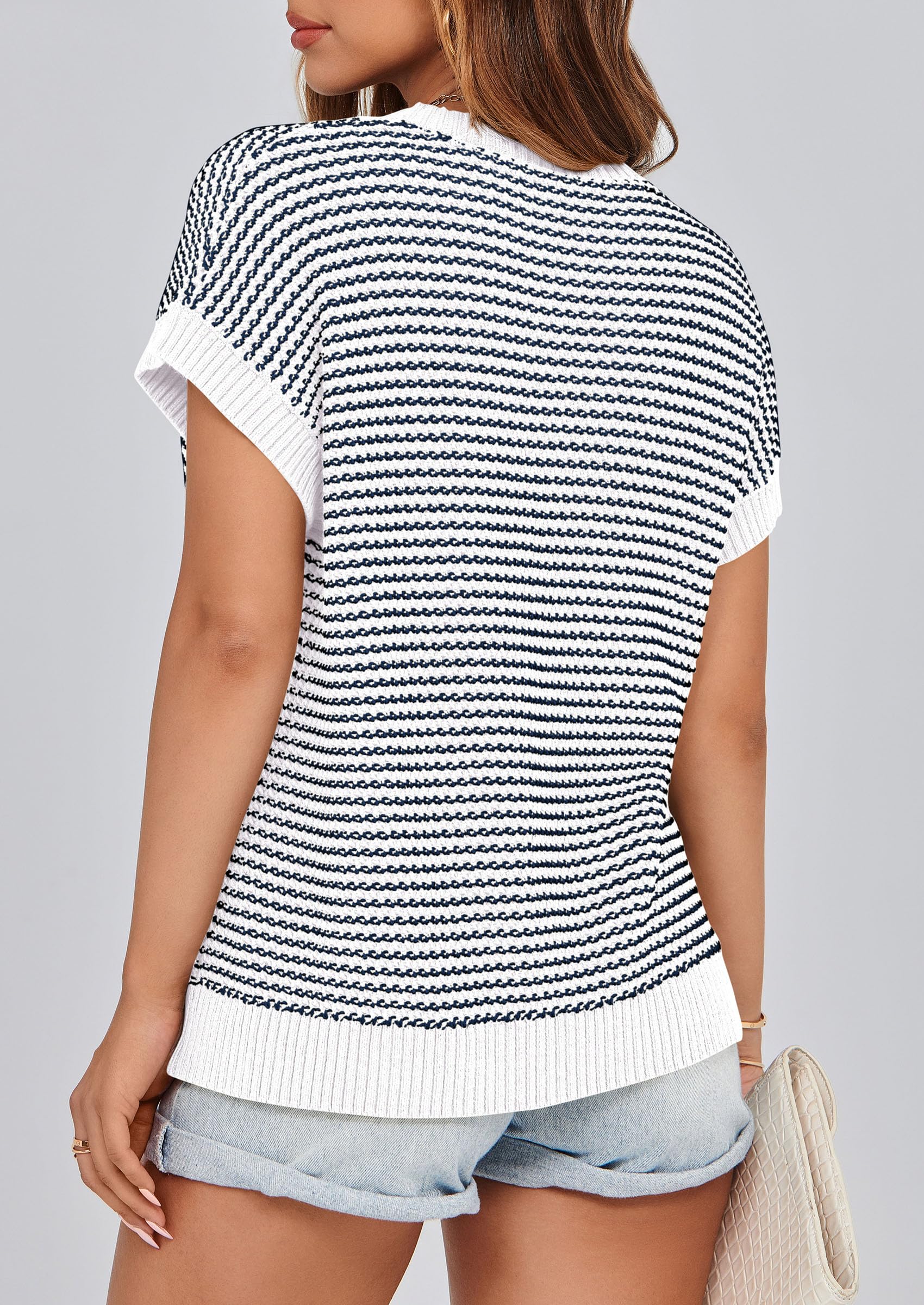Women's Striped Short Sleeve Sweater Vest Striped White Navy,S