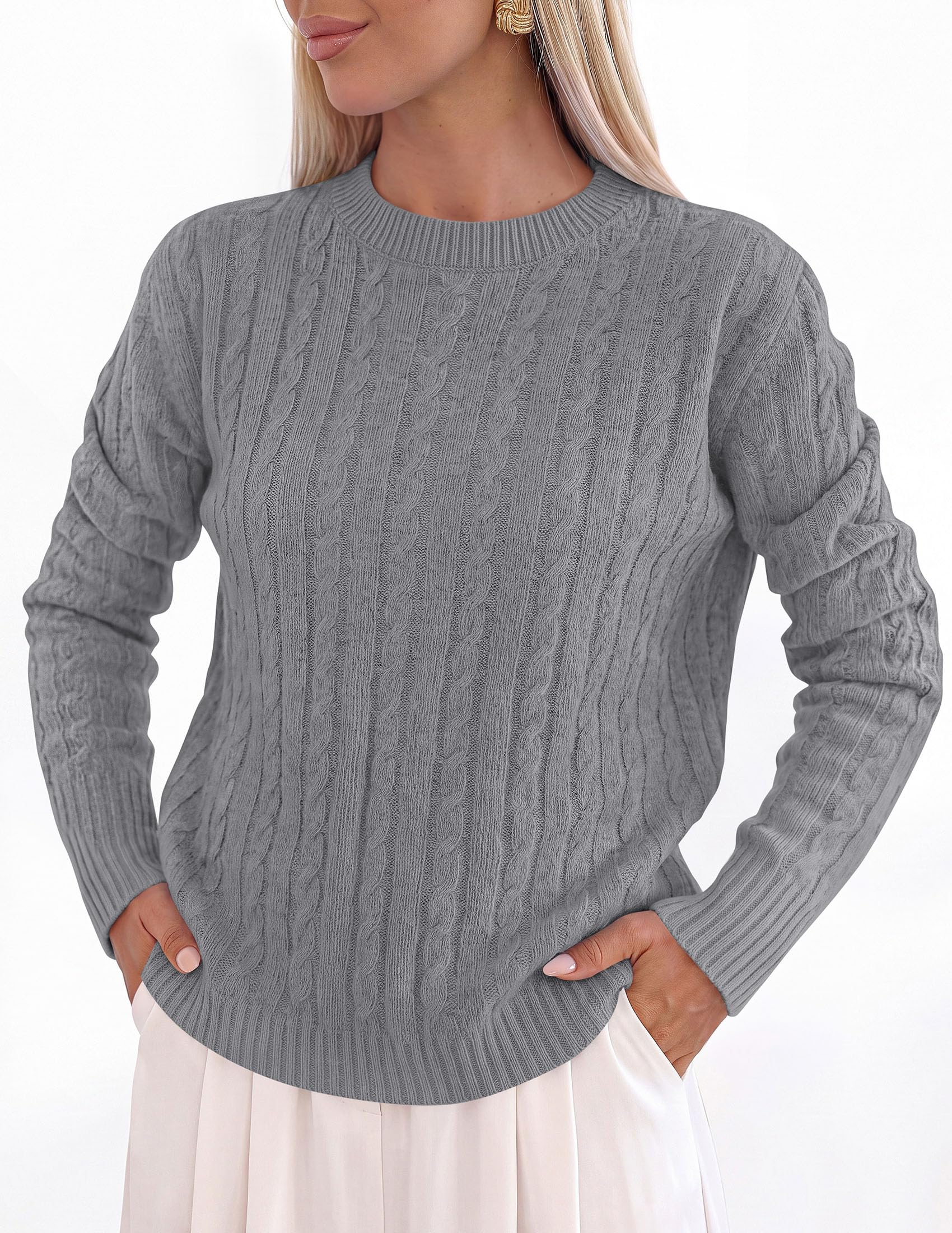 Womens Cable Knit Crewneck Fall Sweater Long Sleeve Tops 2026