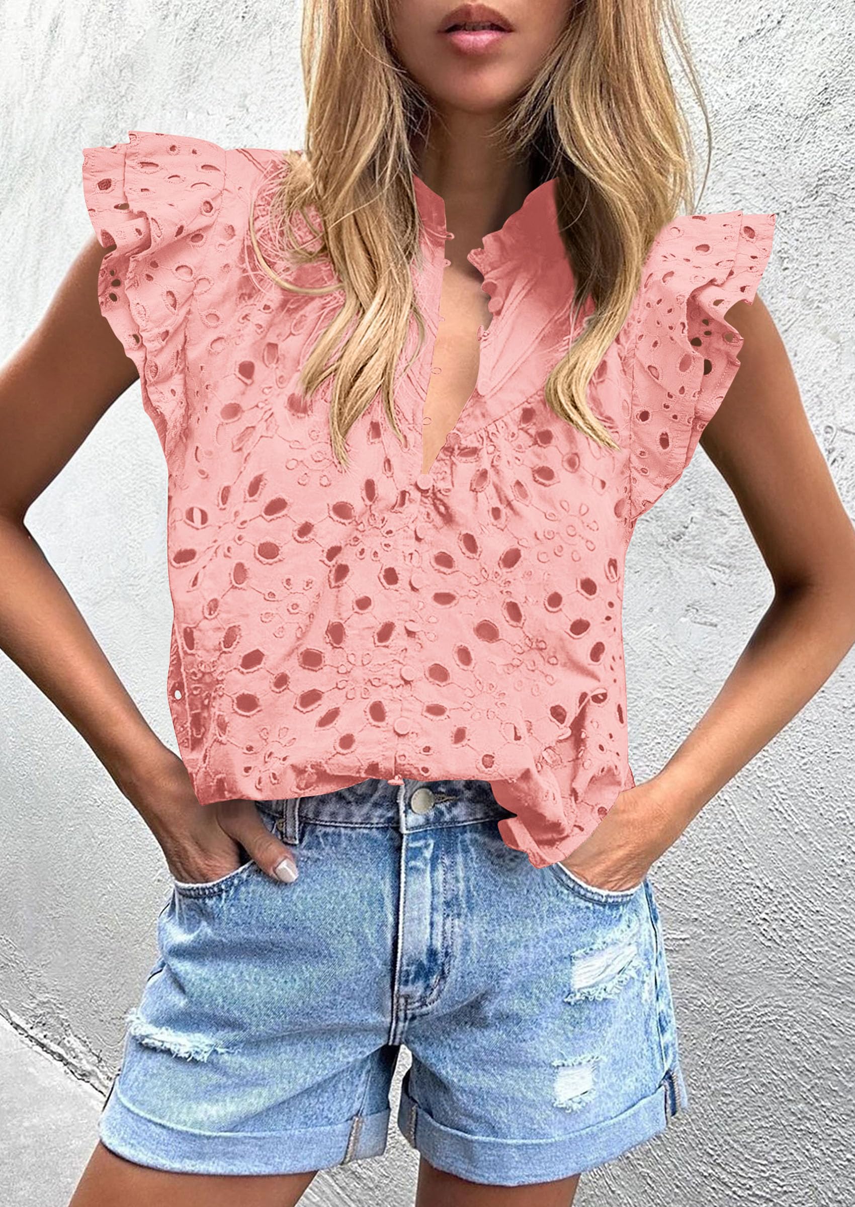 Women's Eyelet V Neck Summer Tops Dressy Casual Pink,S