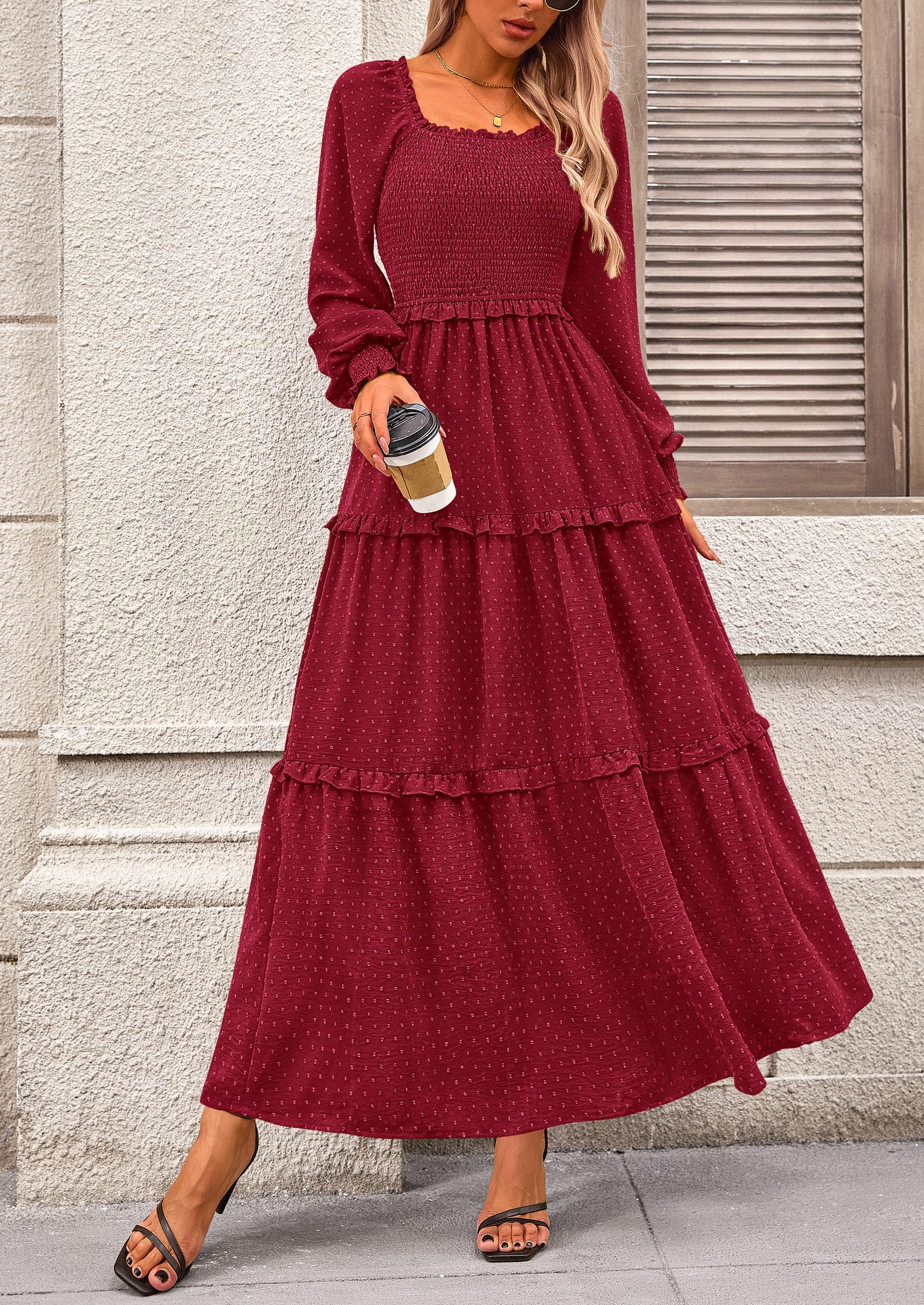 Women's Smocked Long Sleeve Maxi Dress Wedding Guest Dresses