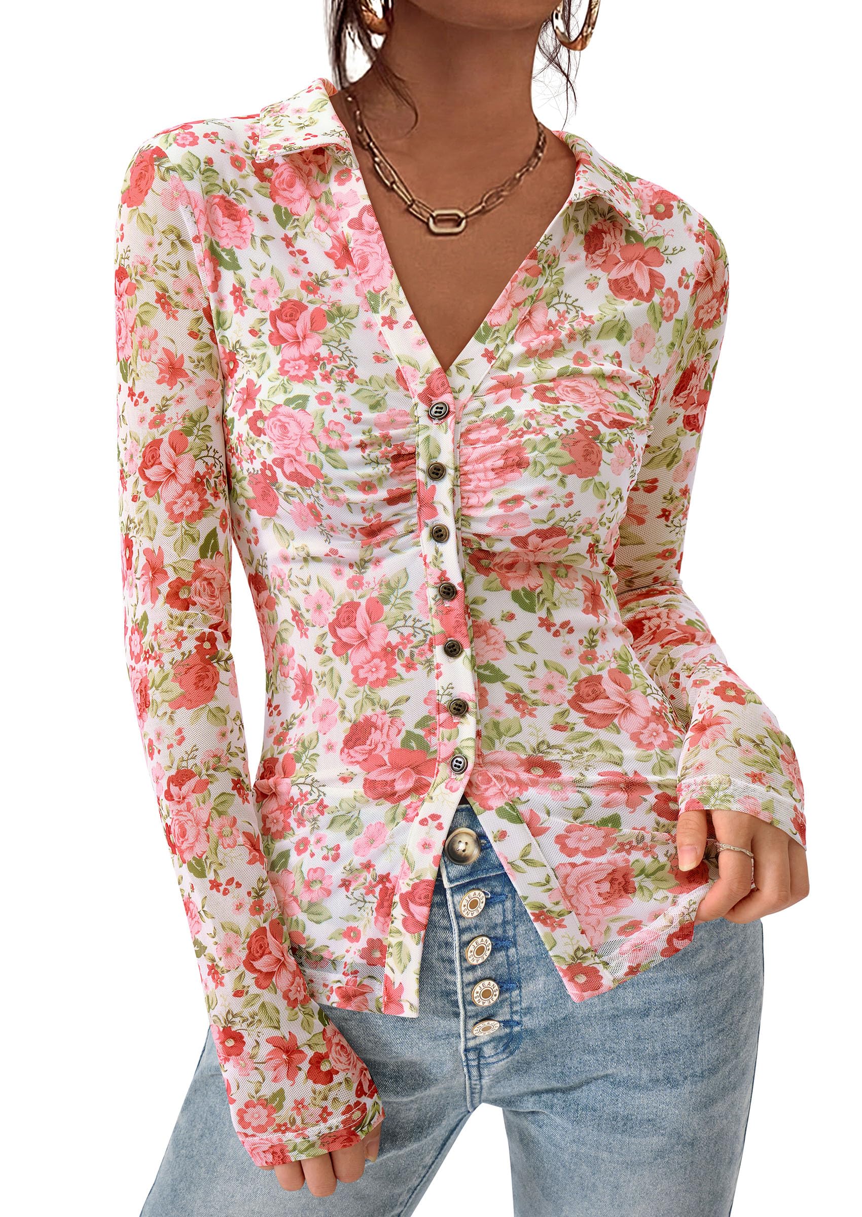 Women's Button Down Shirts Boho Mesh Floral Going Out Tops