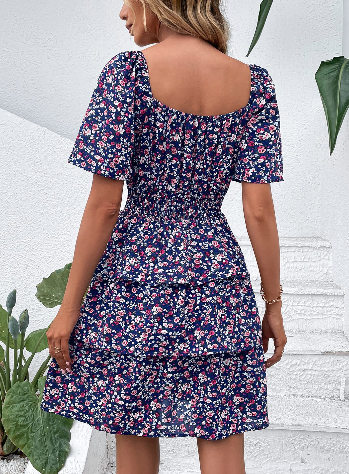 Women's Summer Floral Ruffle Short Dress Blue Purple Floral,S
