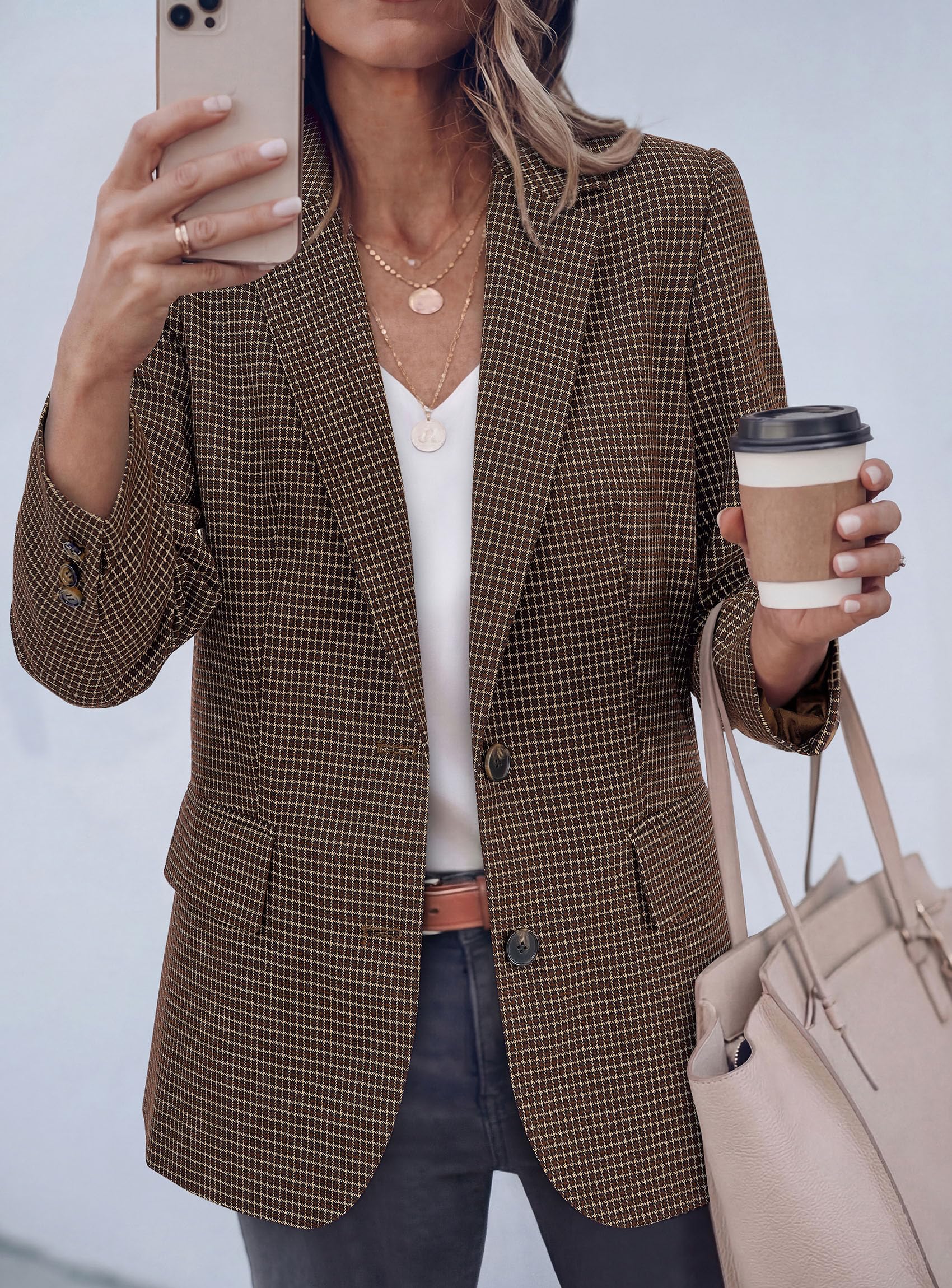 Fall Plaid Blazers for Women Business Casual Brown M
