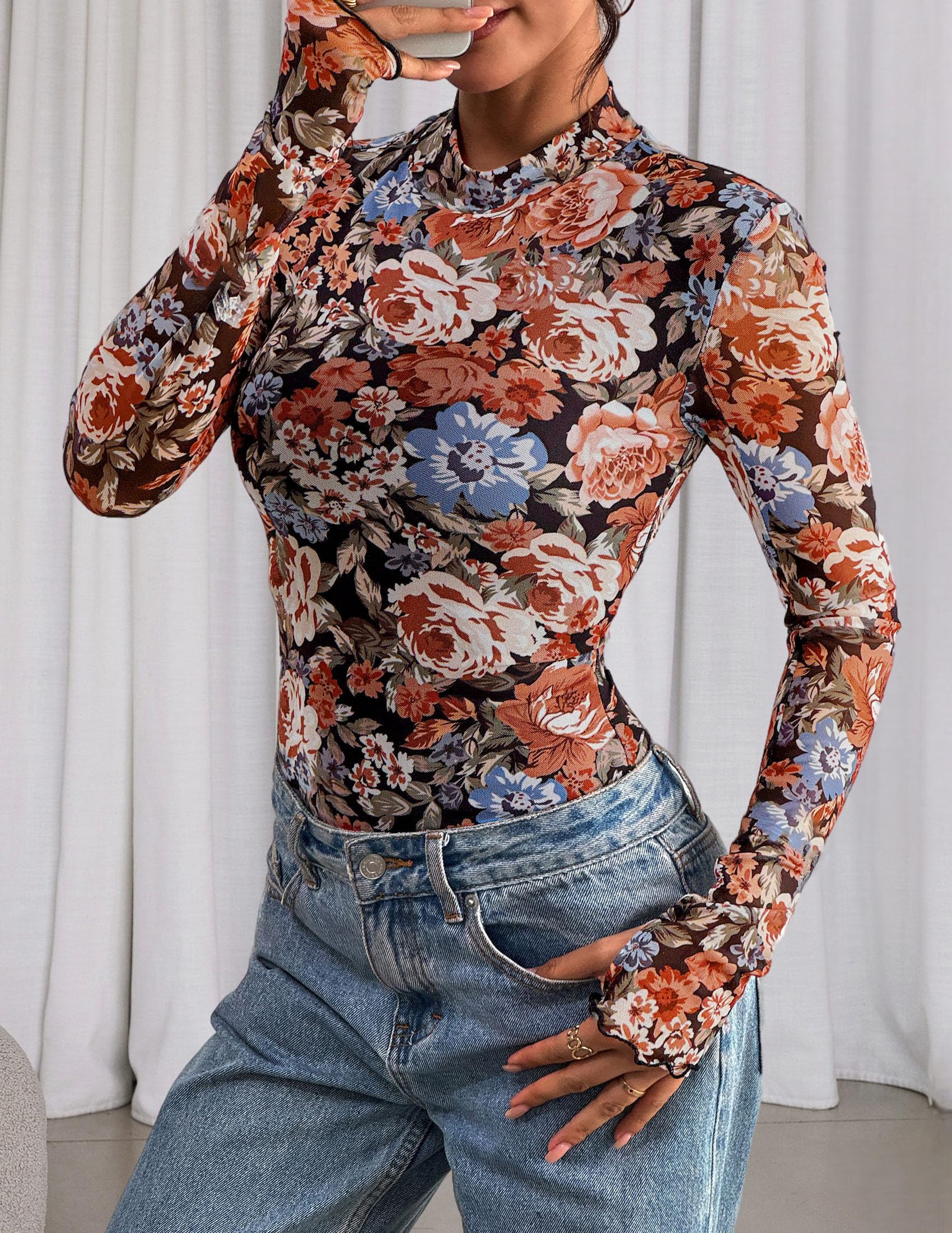 Womens Floral Mesh Long Sleeve Tops Fall Slim Fitted Shirts