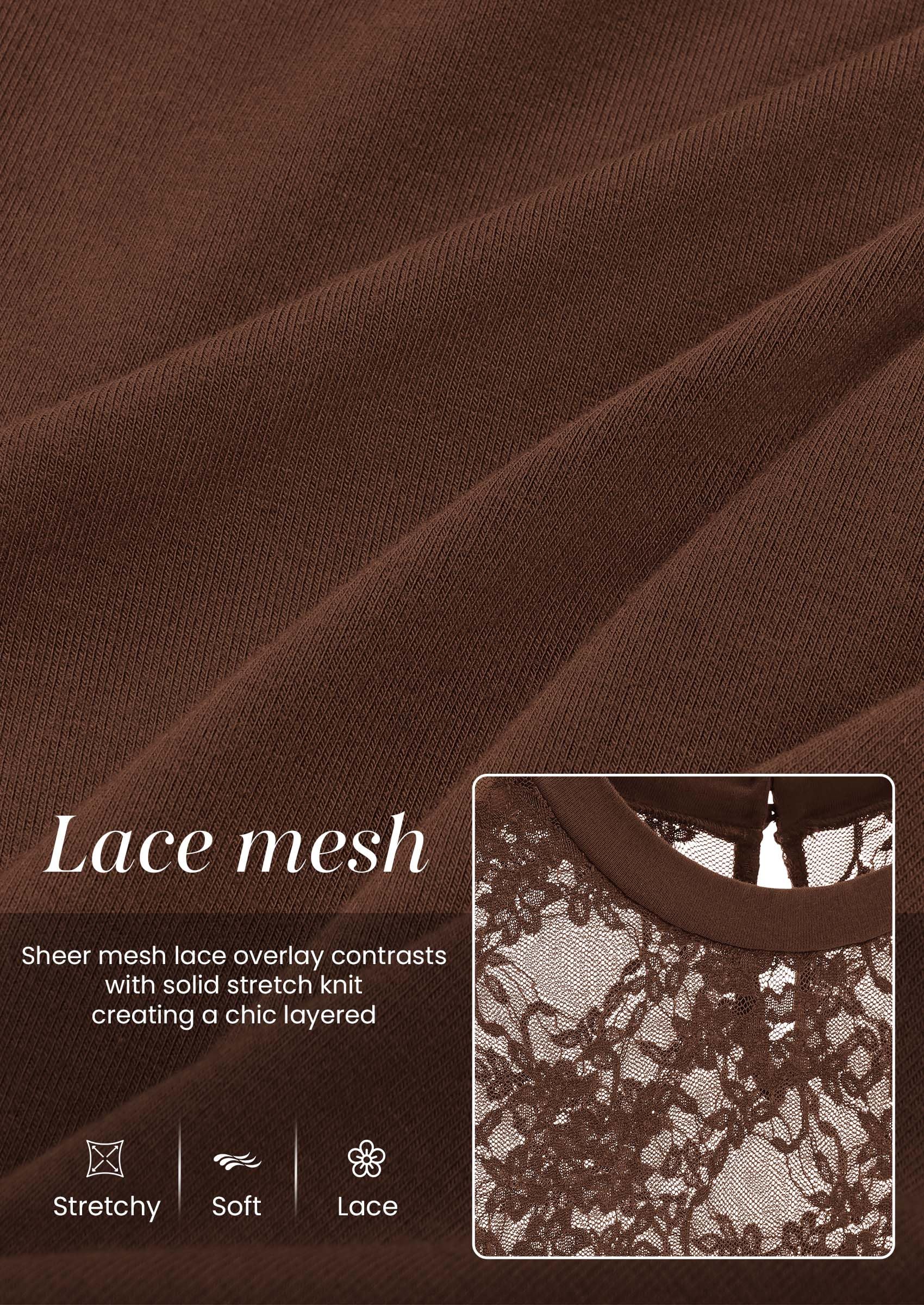 Womens Mesh Sheer Shirts Lace Long Sleeve Tops,Brown,S