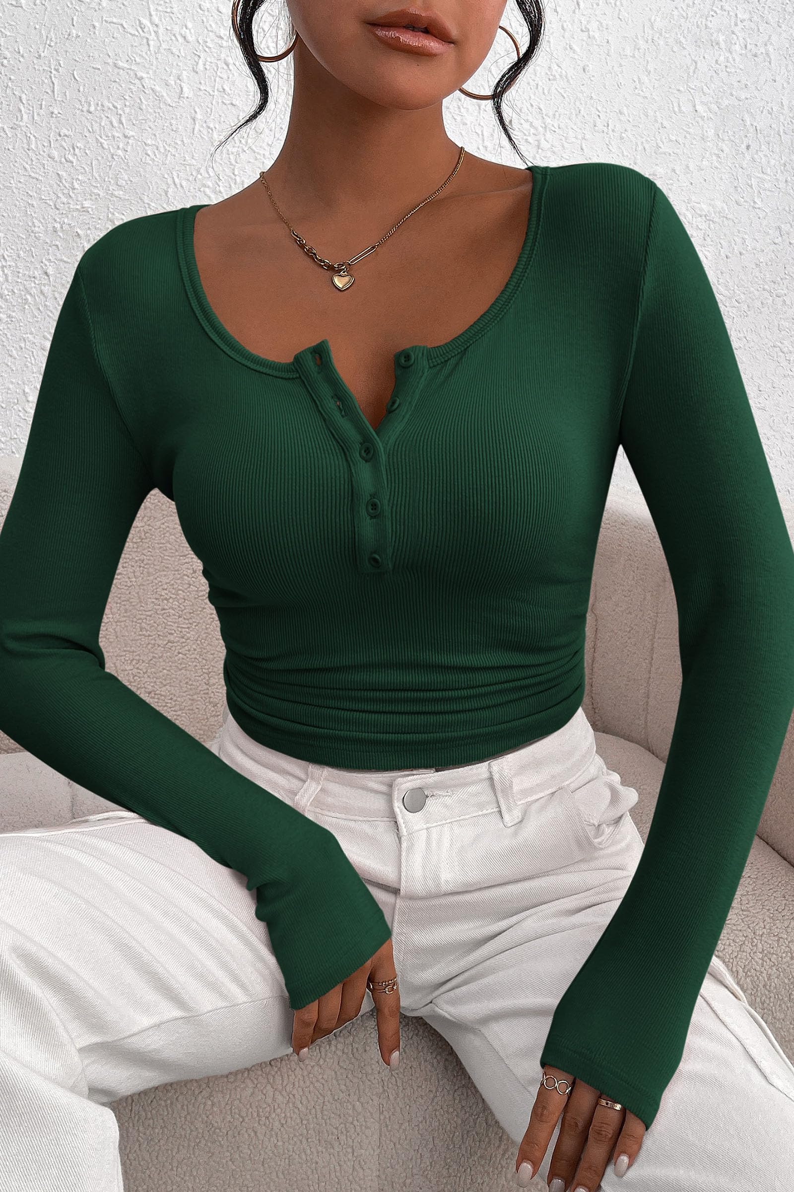 Women's Fall Long Sleeve Henley T Shirts Dark Green