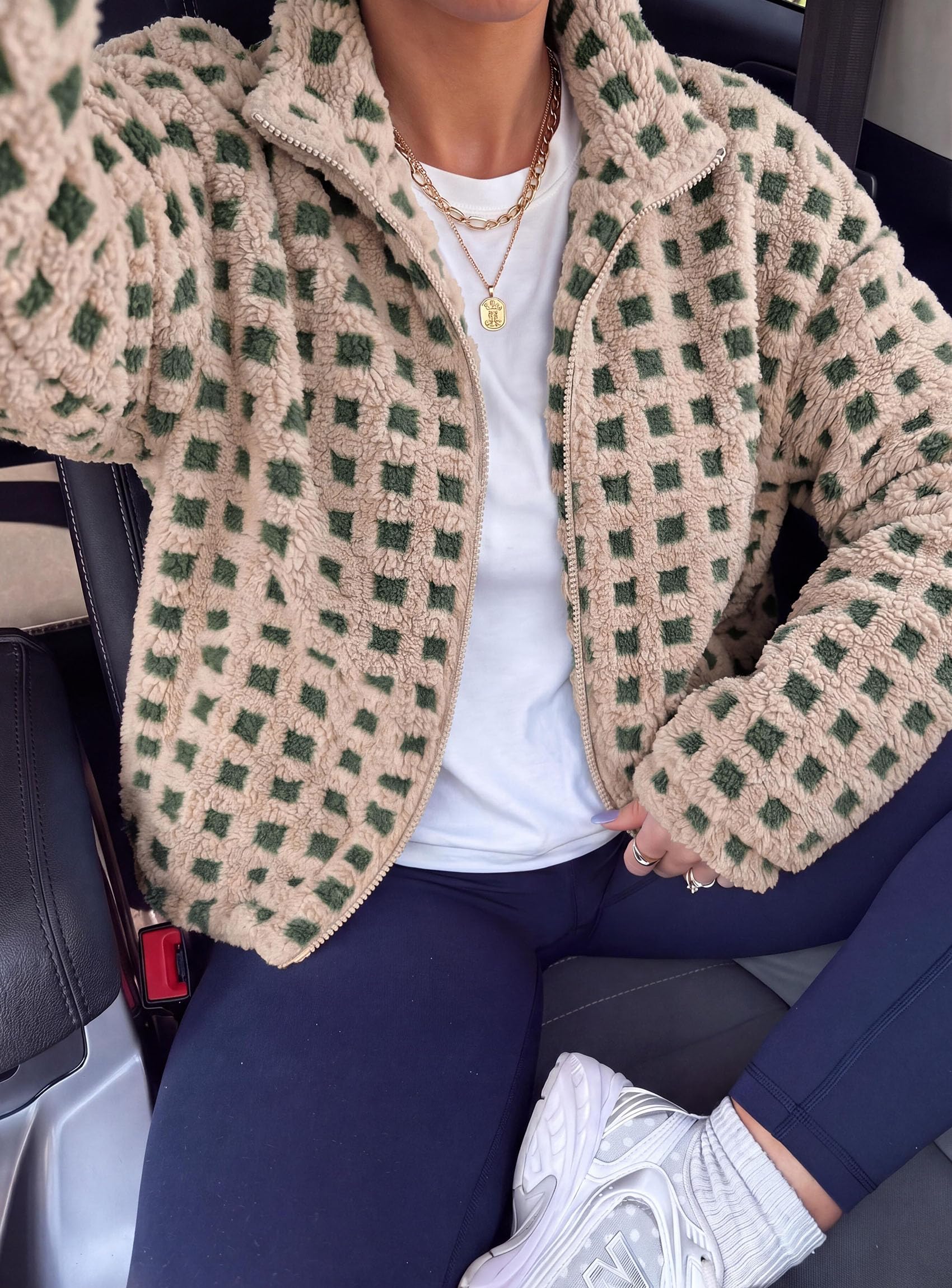 Women's Gingham Sherpa Fleece Jacket Plaid Cropped Teddy Coat