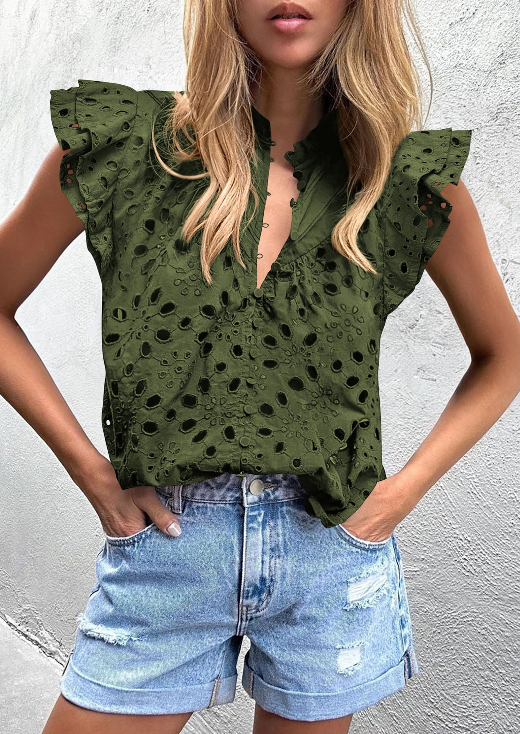 Women's Eyelet V Neck Summer Tops Dressy Casual Army Green,L