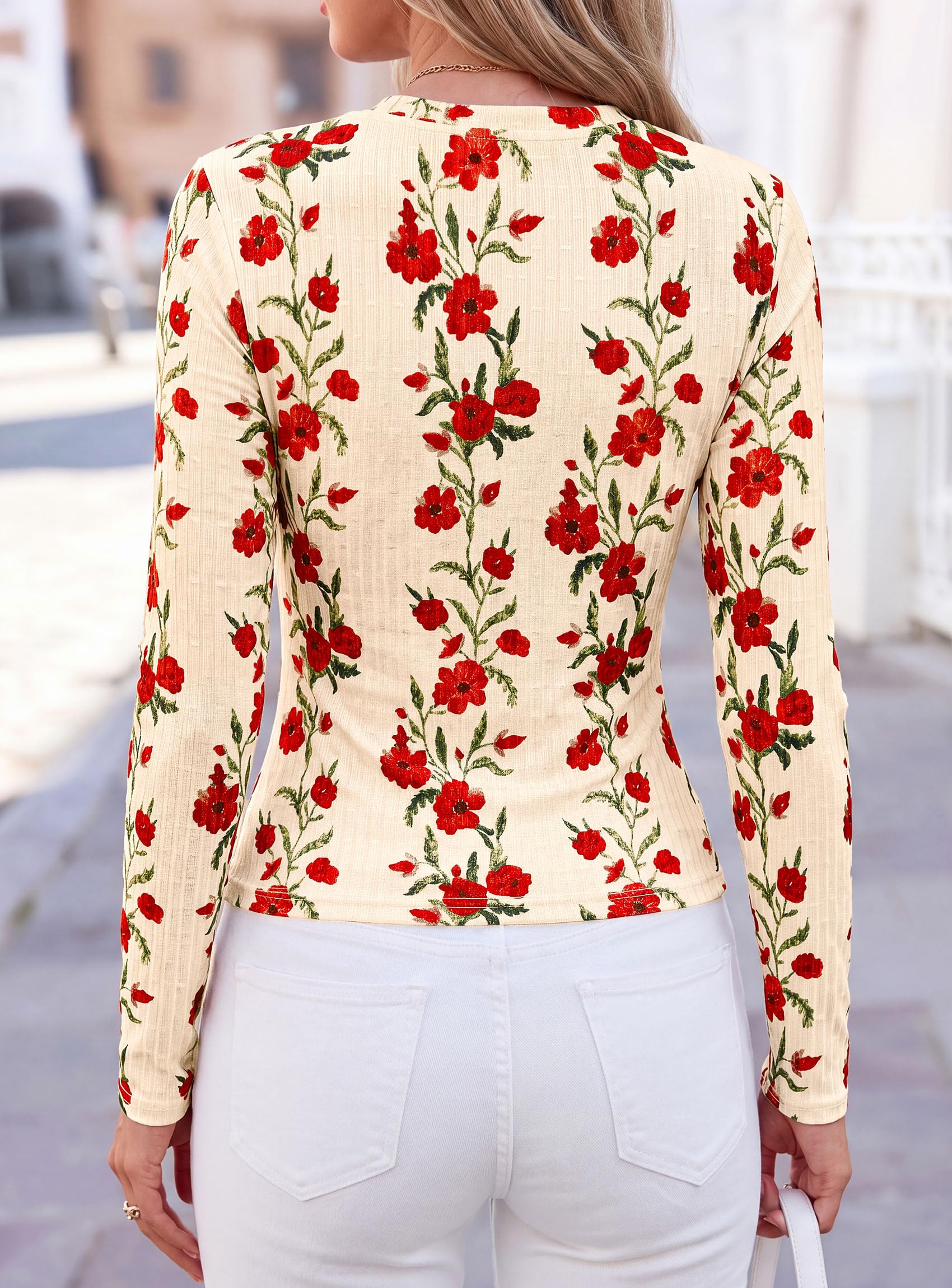 Womens Long Sleeve Shirts Floral Y2K Tops,Beige,M