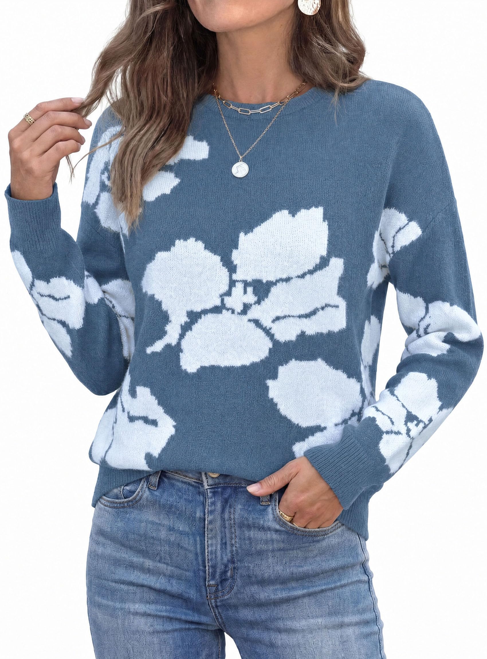 Womens Floral Sweater Crewneck Printed Pullover Tops Grey Blue