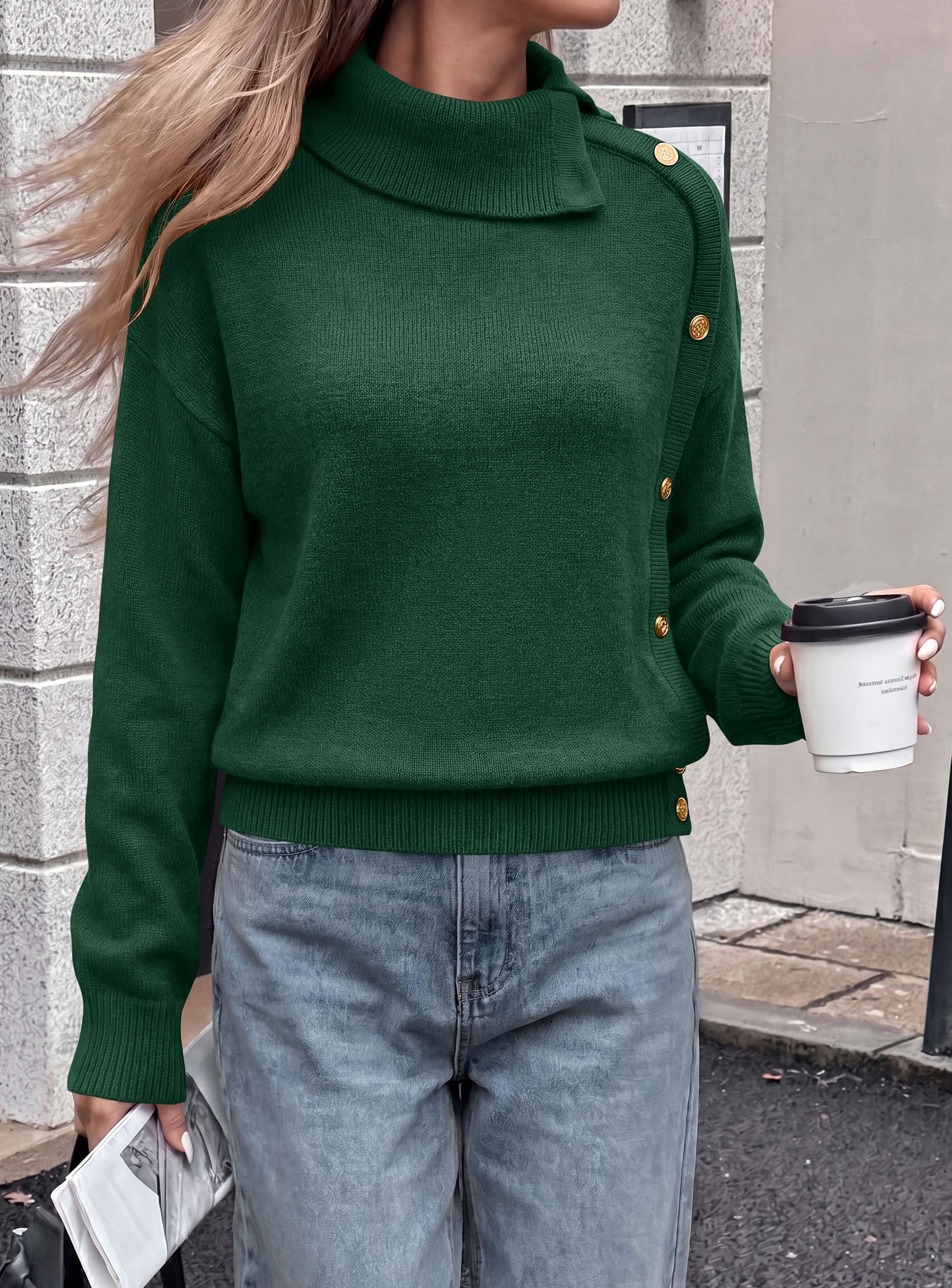 Womens Turtleneck Sweater Pullover Side Button Fall Clothes