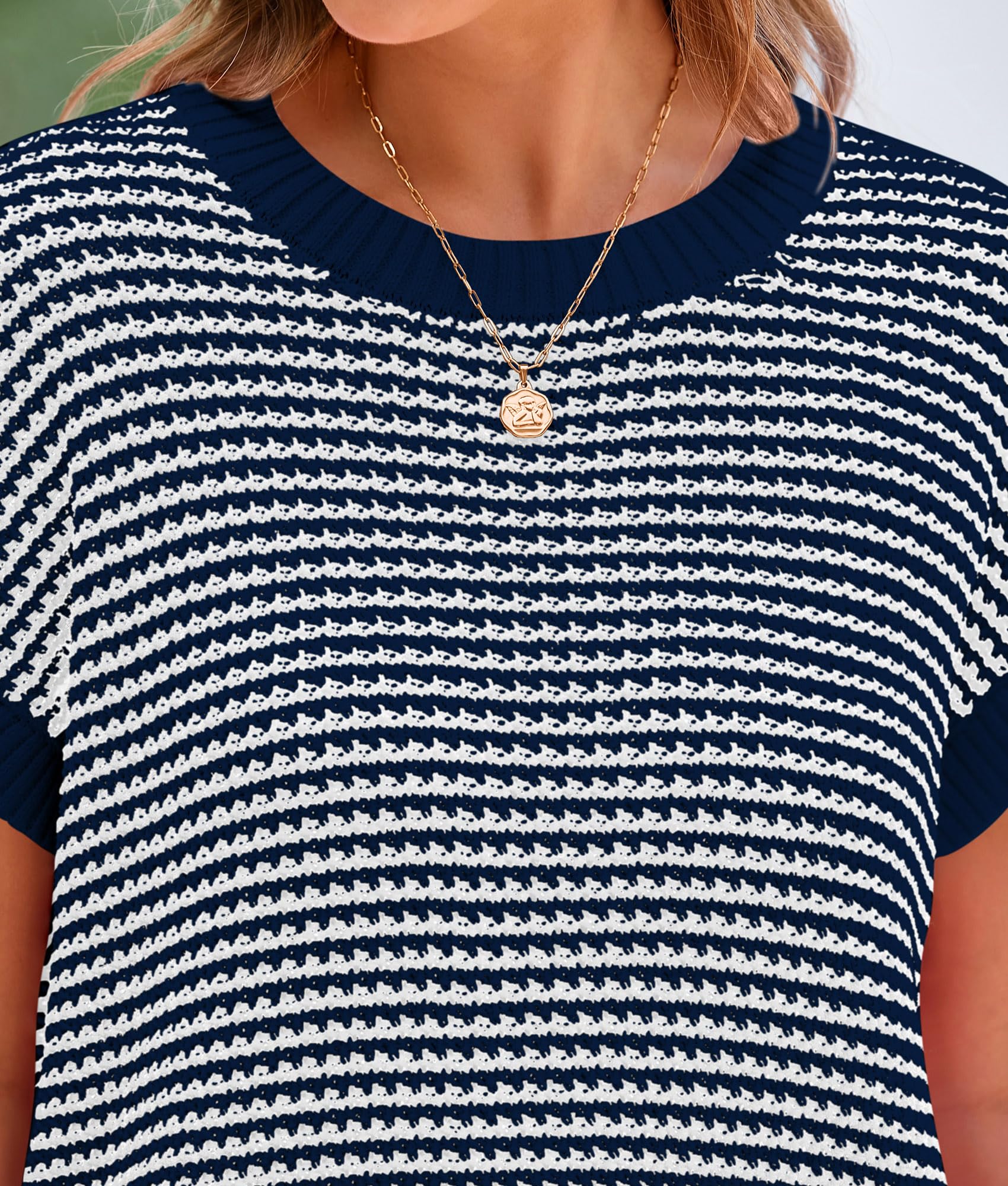 Women's Striped Short Sleeve Sweater Vest Navy,S