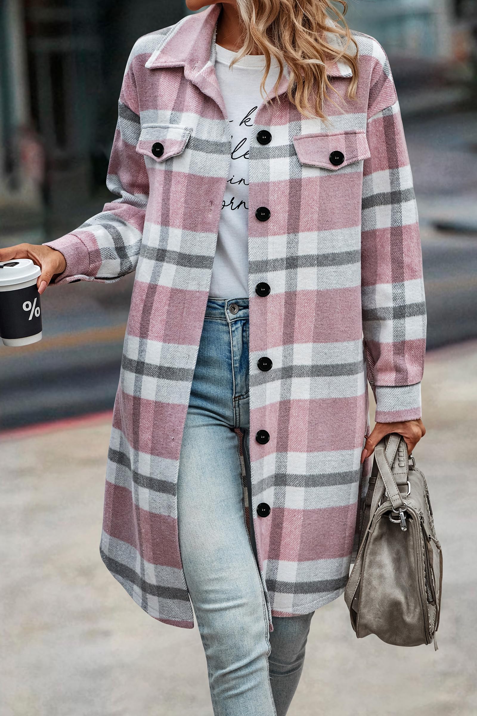 Womens Plaid Shacket Jacket Flannel Shirts,Plaid Pink,S