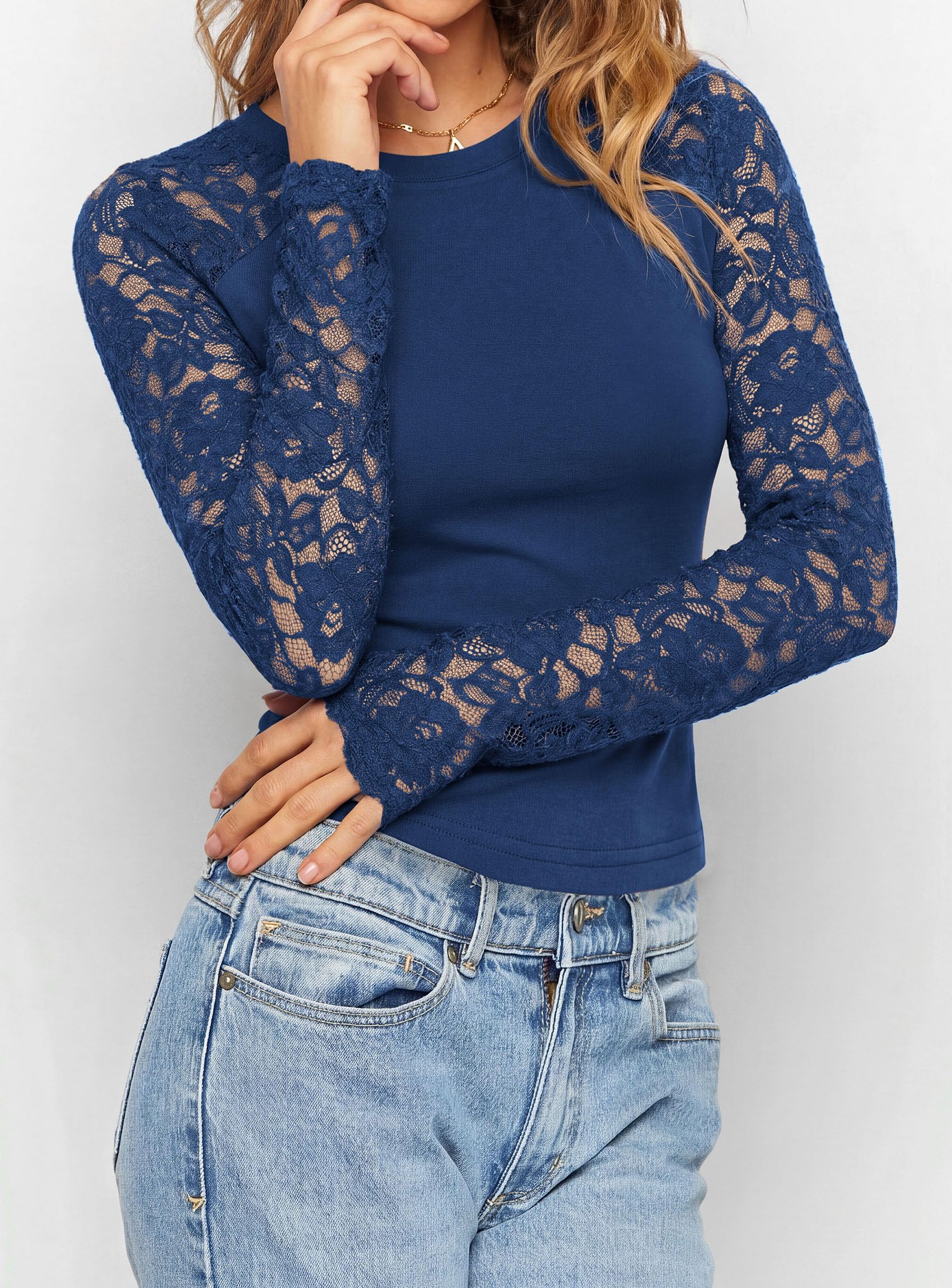 Sheer Lace Raglan Long Sleeve Shirts for Women,Navy,S
