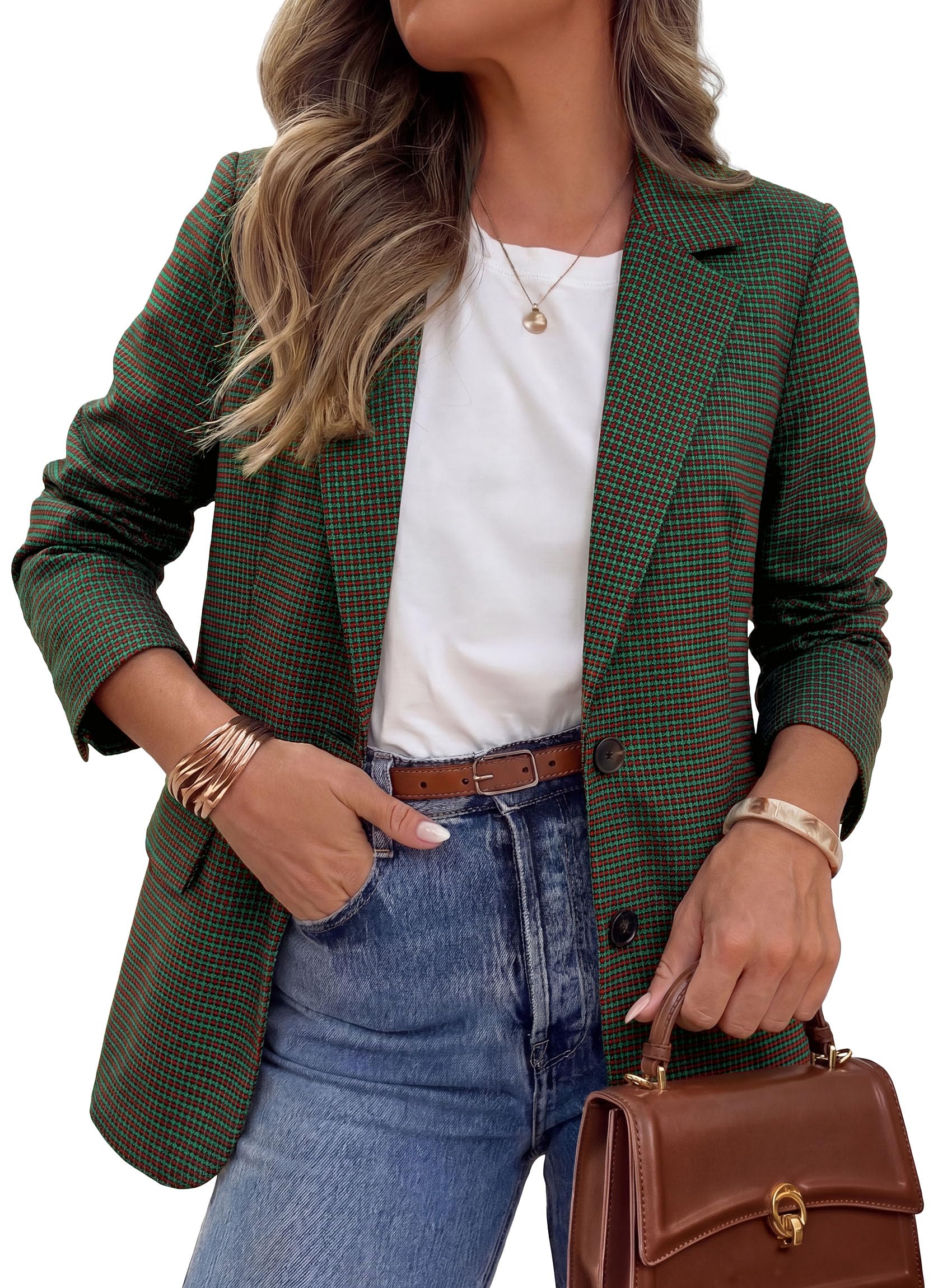 Fall Plaid Blazers for Women Business Casual Green S