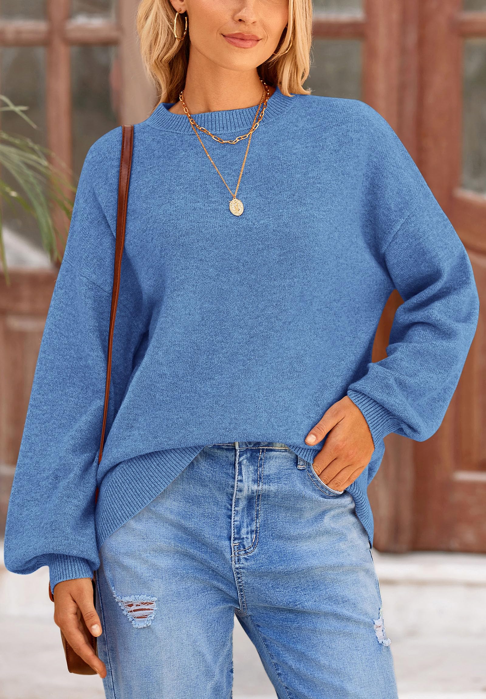 Women's Fall Sweaters Crewneck Long Sleeve Tops,Blue,S