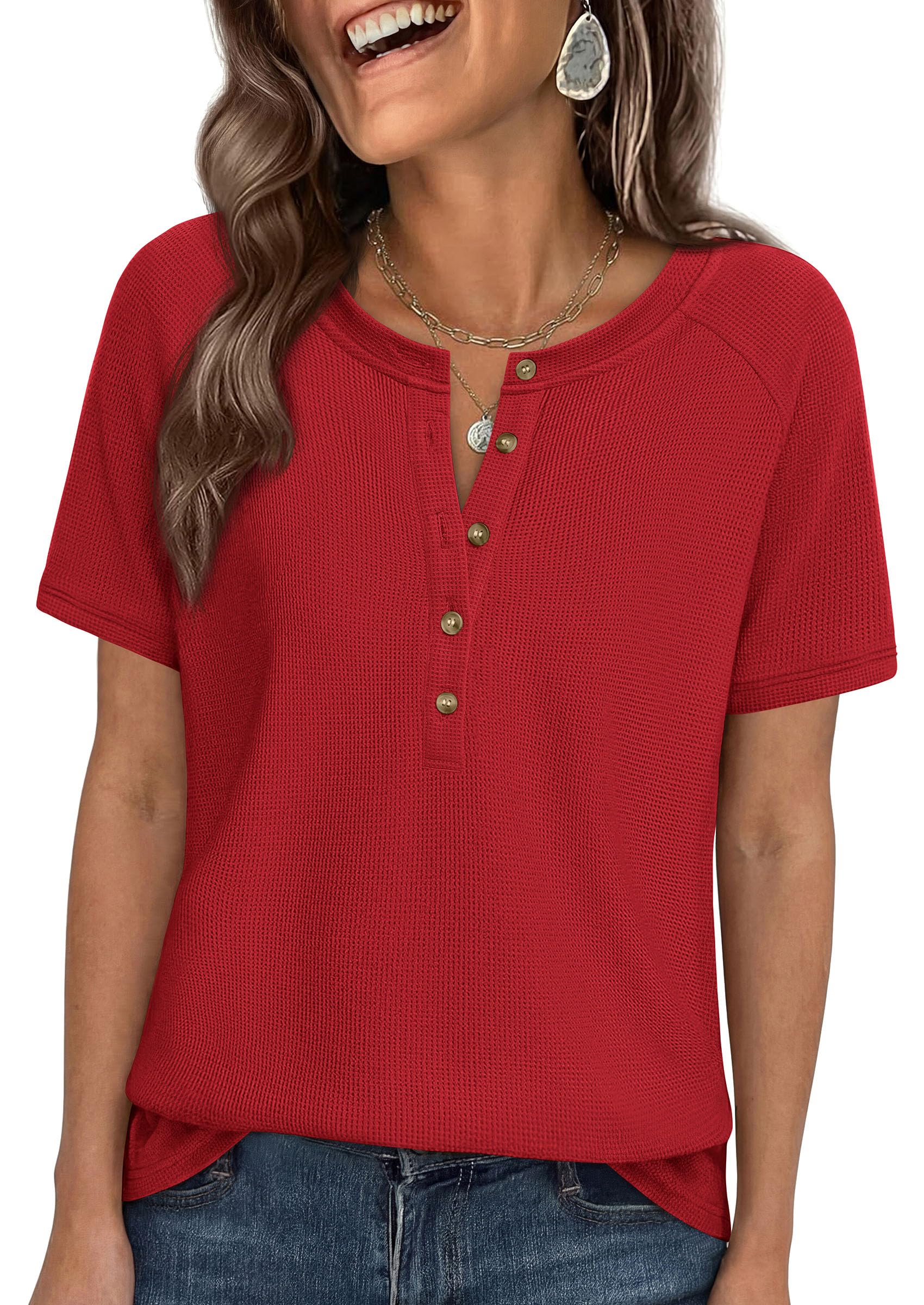 Women's Short Sleeve Waffle Knit Henley Shirts, Red,S