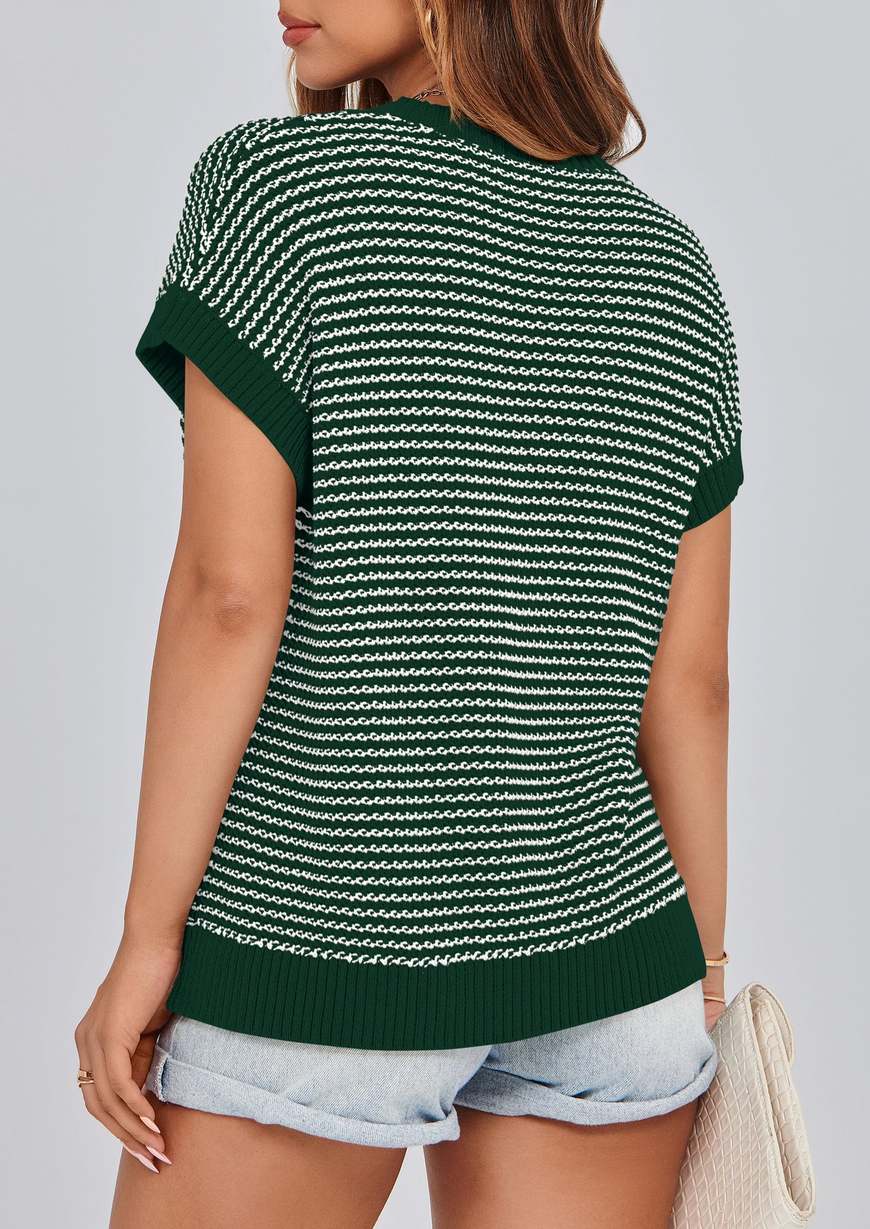 Women's Striped Short Sleeve Sweater Vest Dark Green,S