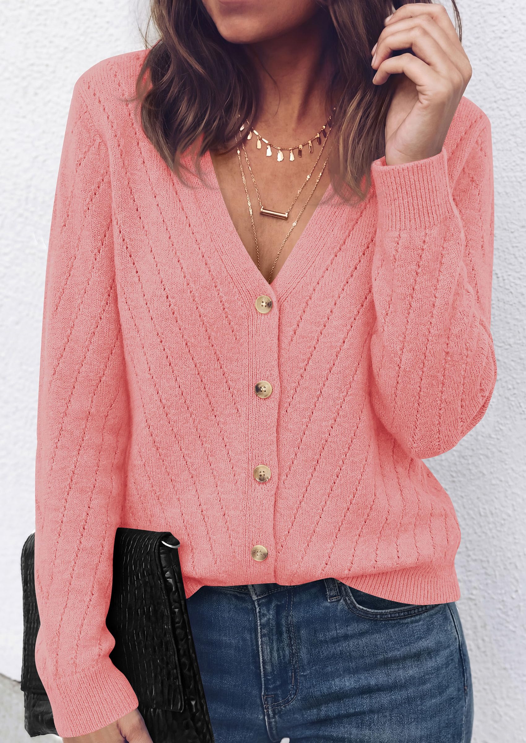 Women's Cozy Cardigan Sweater with Button (Pink,S)