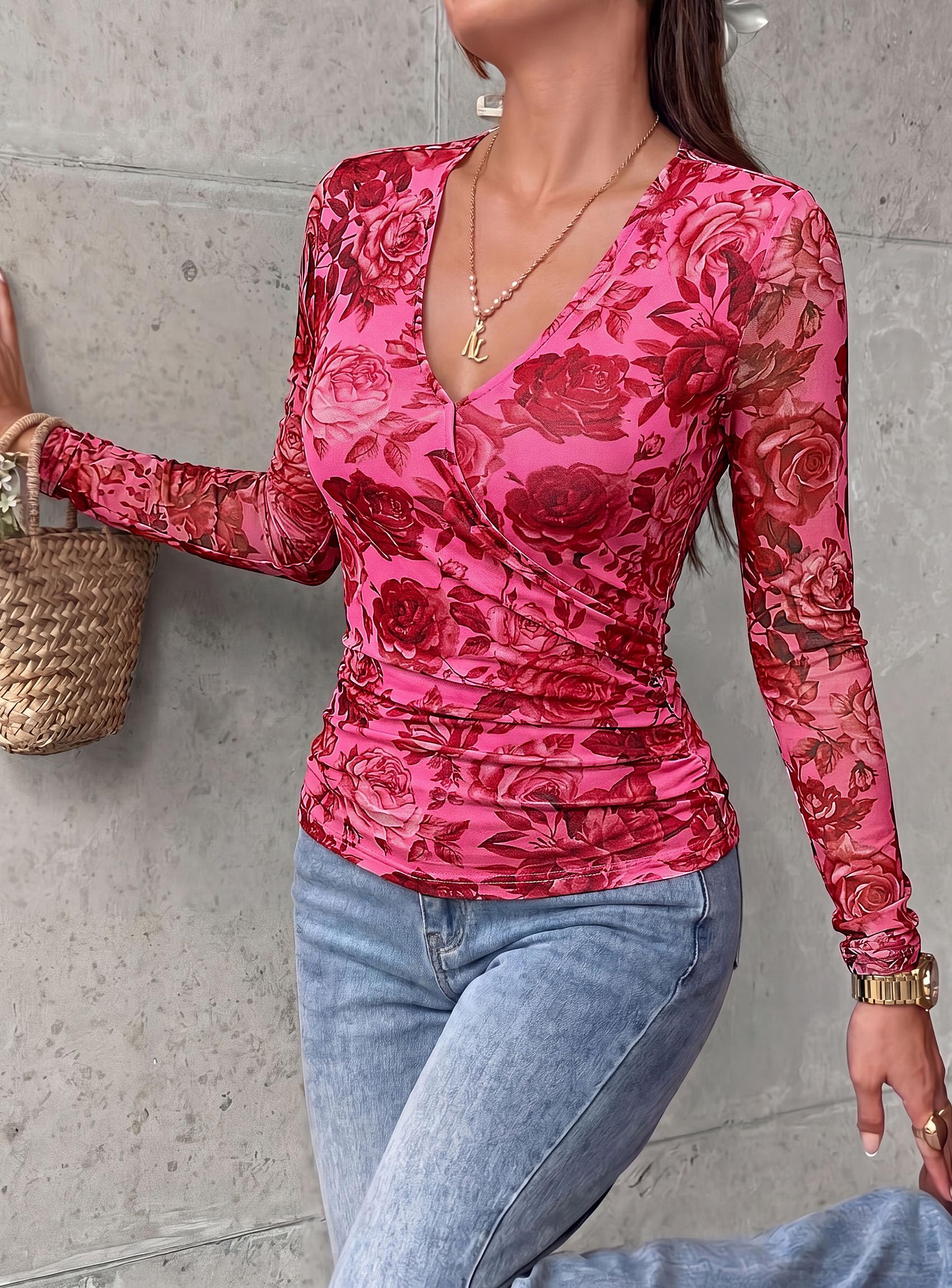 Womens Mesh Wrap Dressy Top Floral V Neck Long Sleeve Shirts