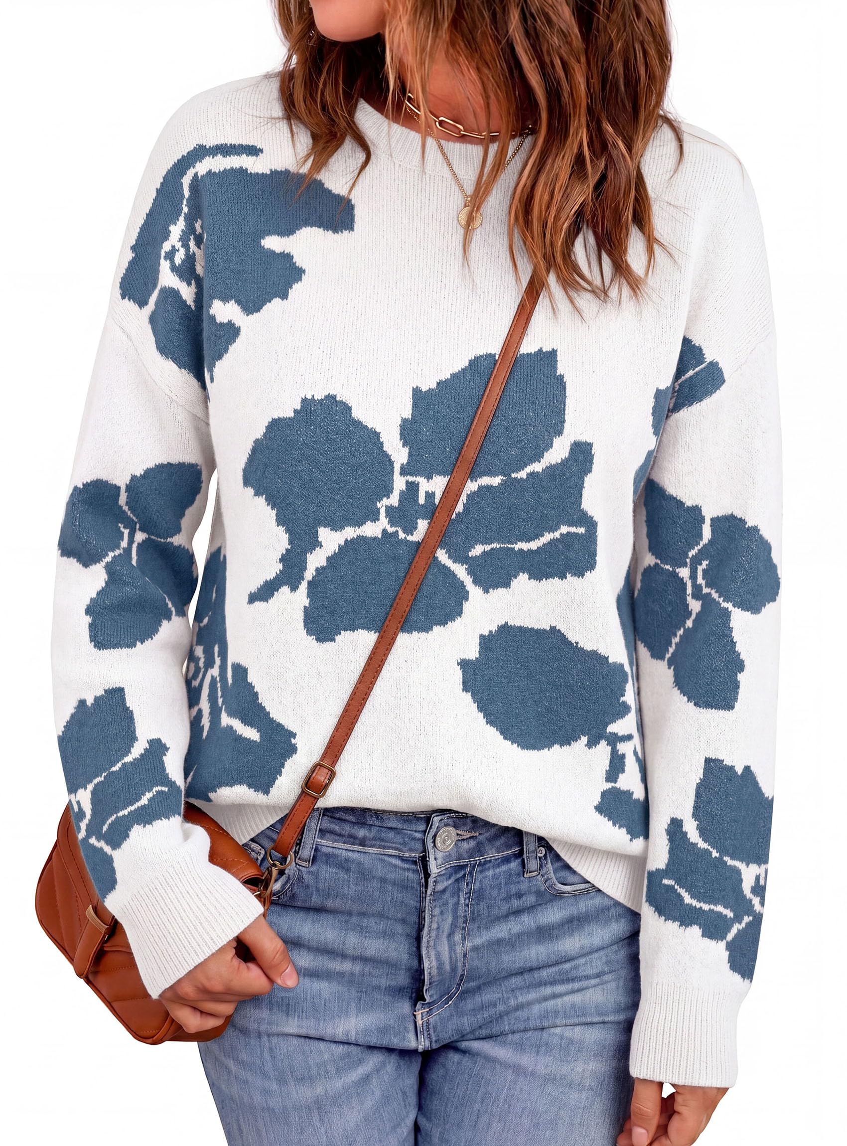 Womens Floral Sweater Crewneck Printed Pullover Tops