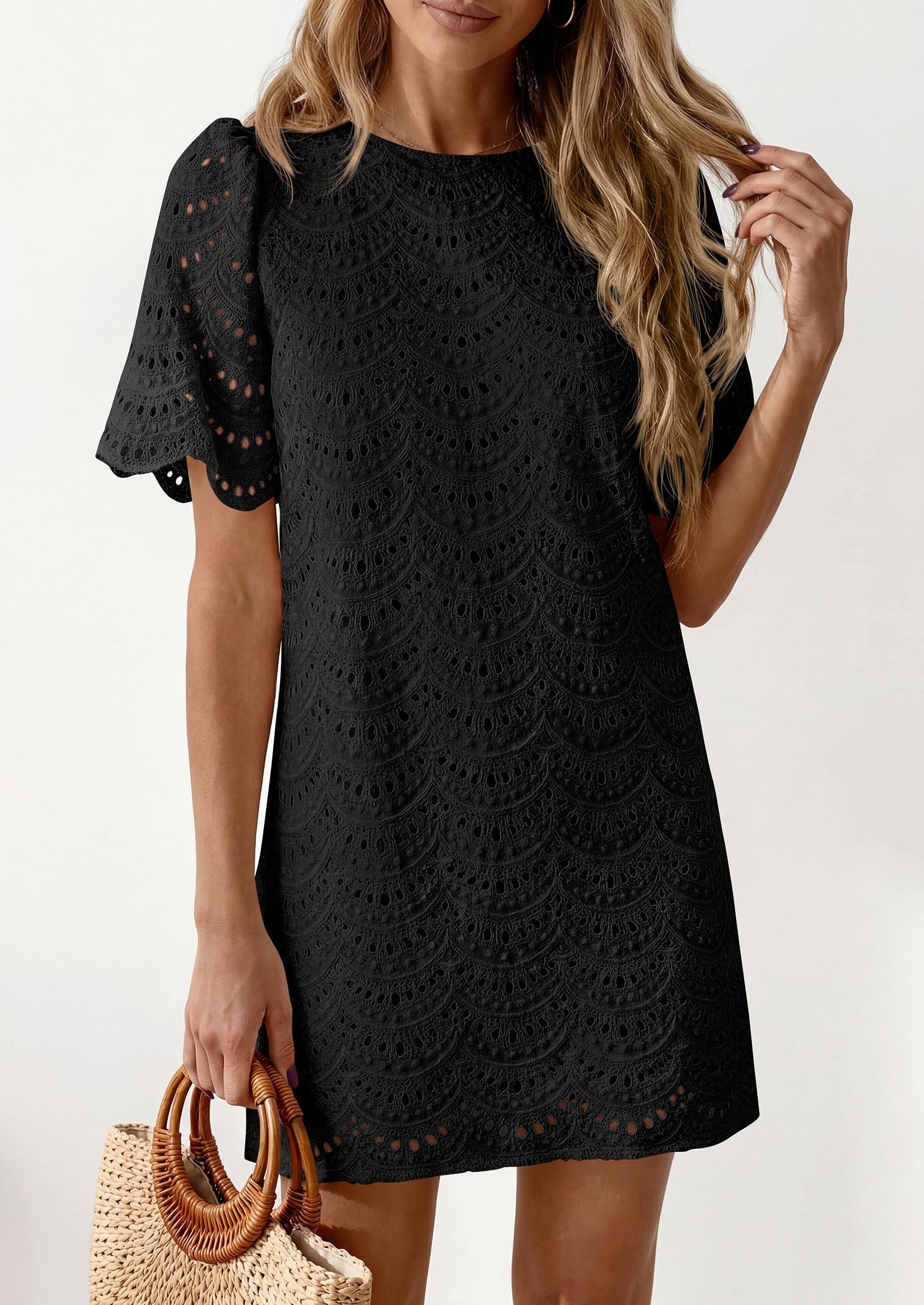 Women's Summer Eyelet Lace Short Dress (Black,S)