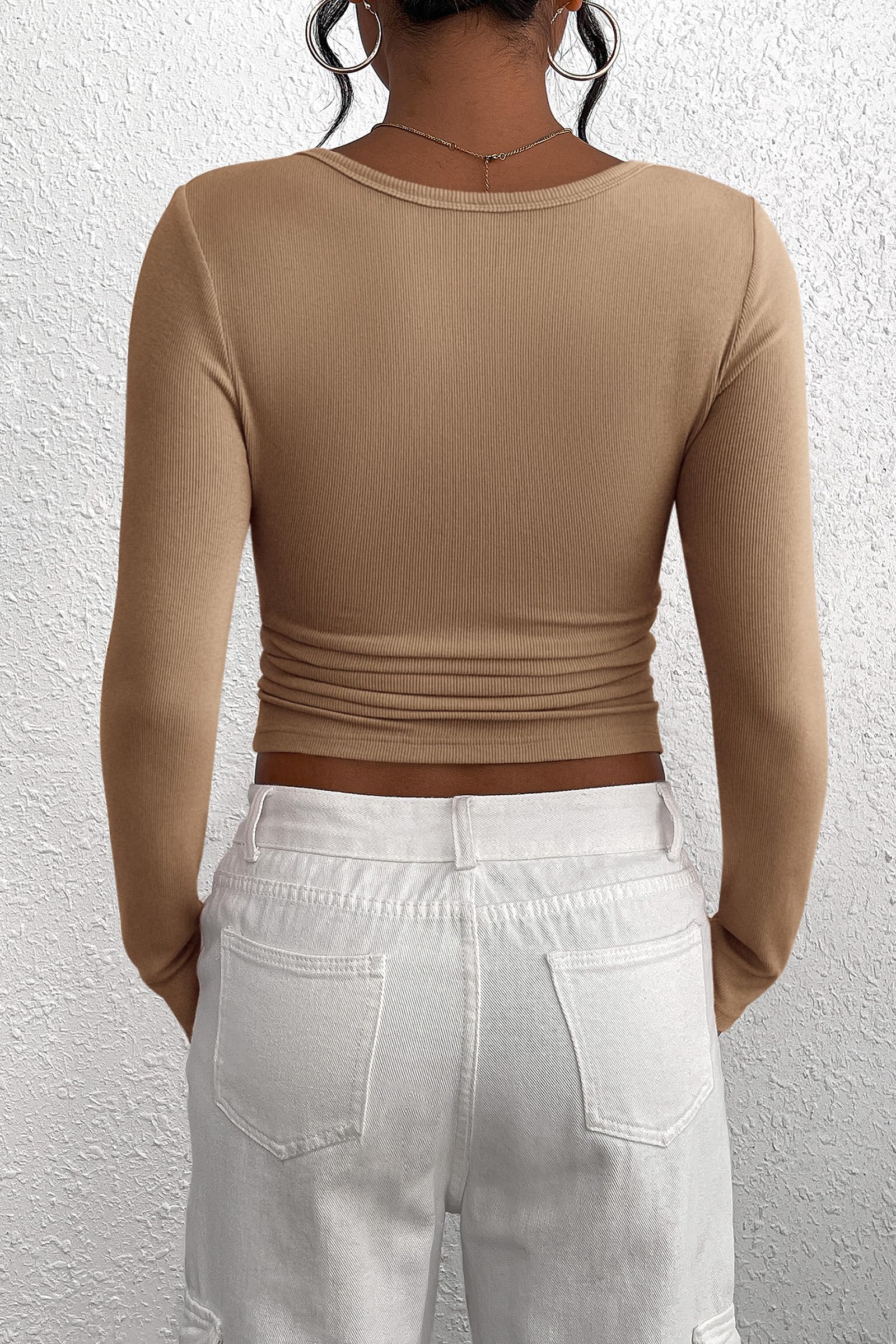 Women's Fall Long Sleeve Henley T Shirts Light Khaki