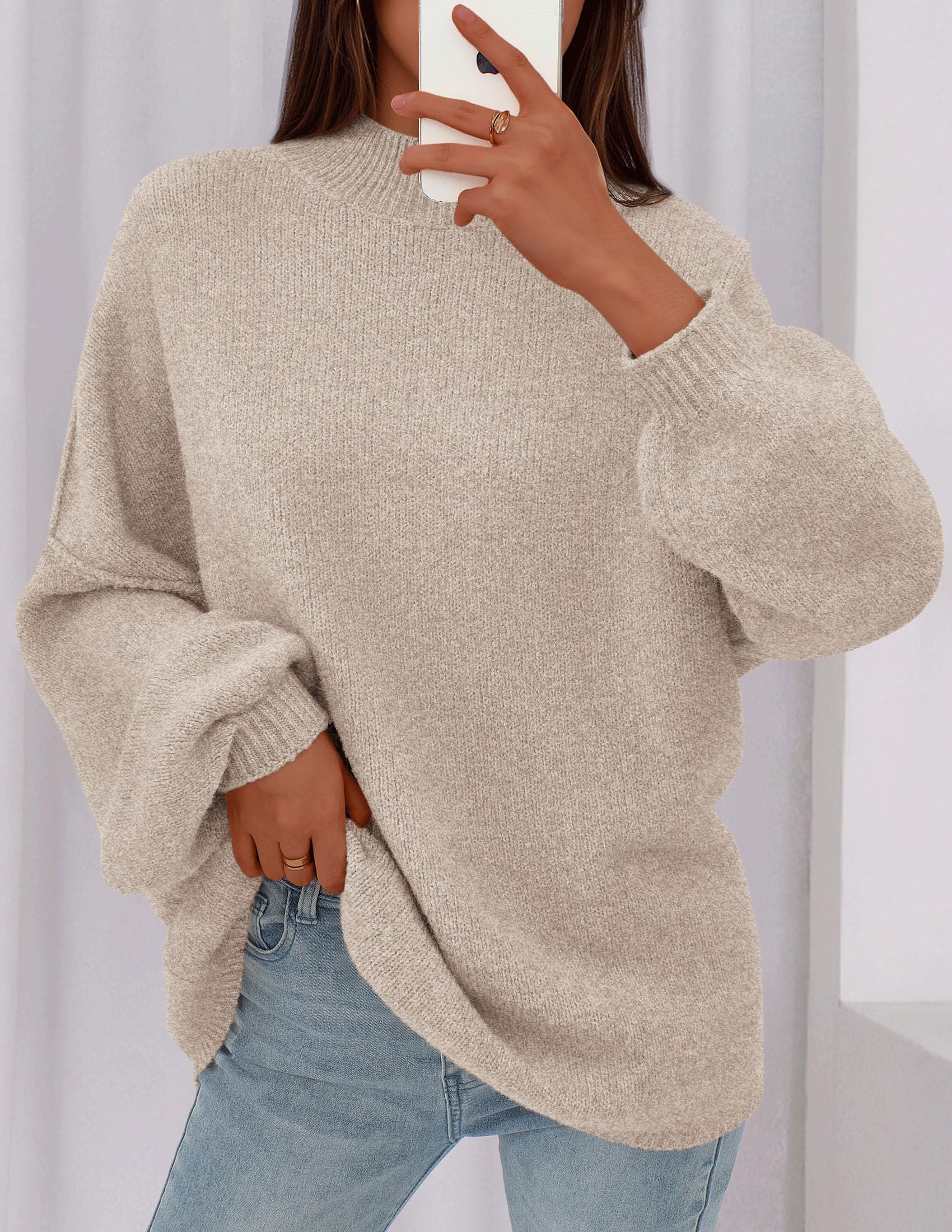 Women's Oversized Sweaters Fall Clothes (Light Khaki,M)