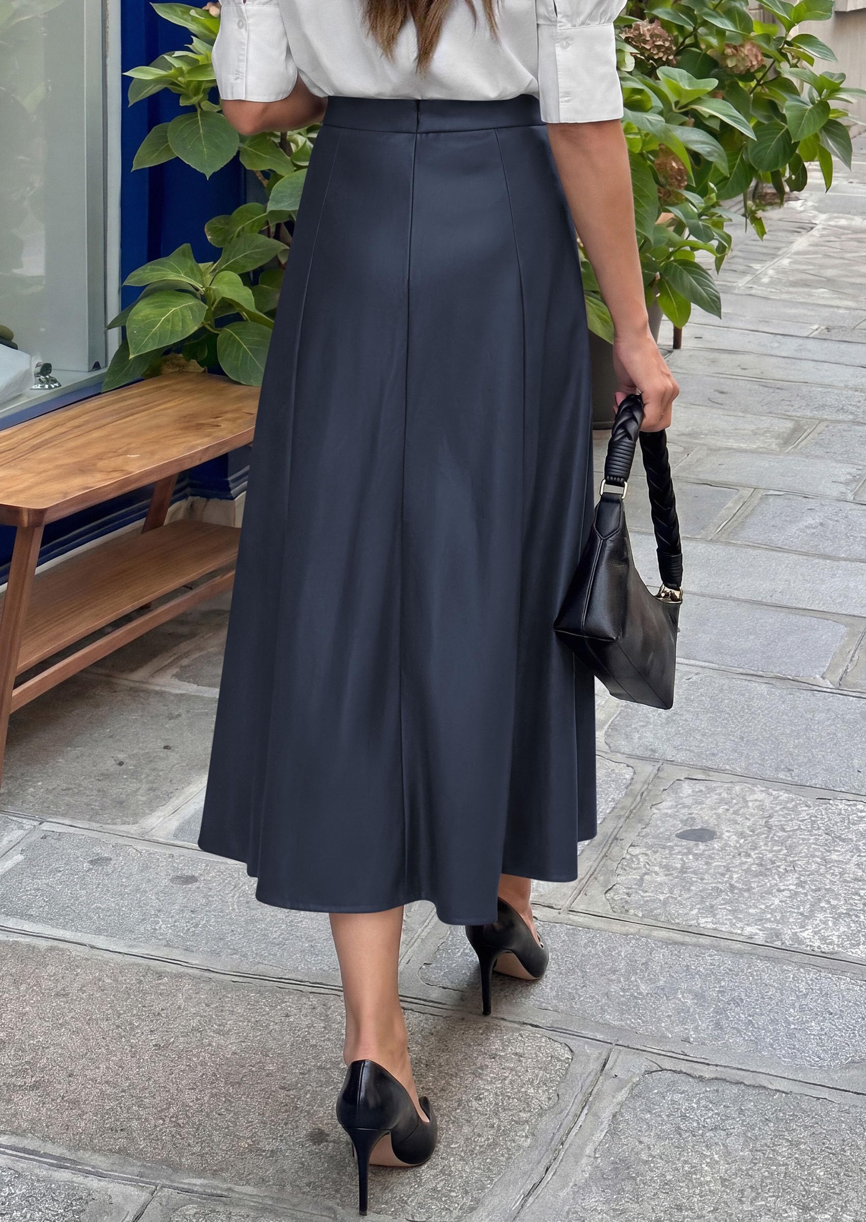 Womens Faux Leather High Waisted Midi Skirt,Navy,S