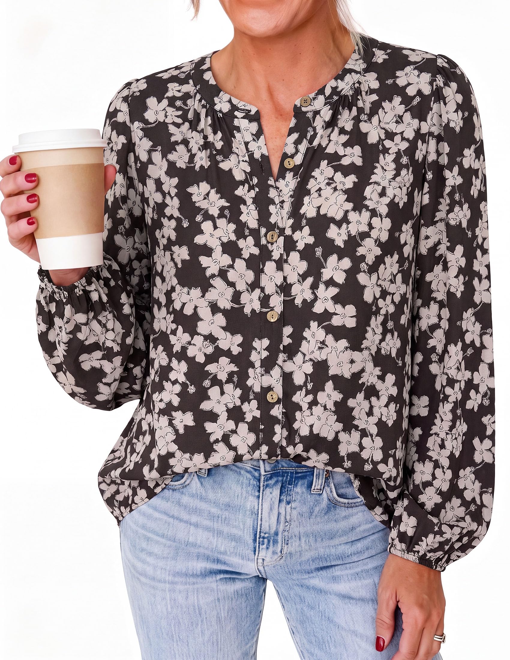 Women's Boho Tops Fall Long Sleeve Button Down Floral Blouses