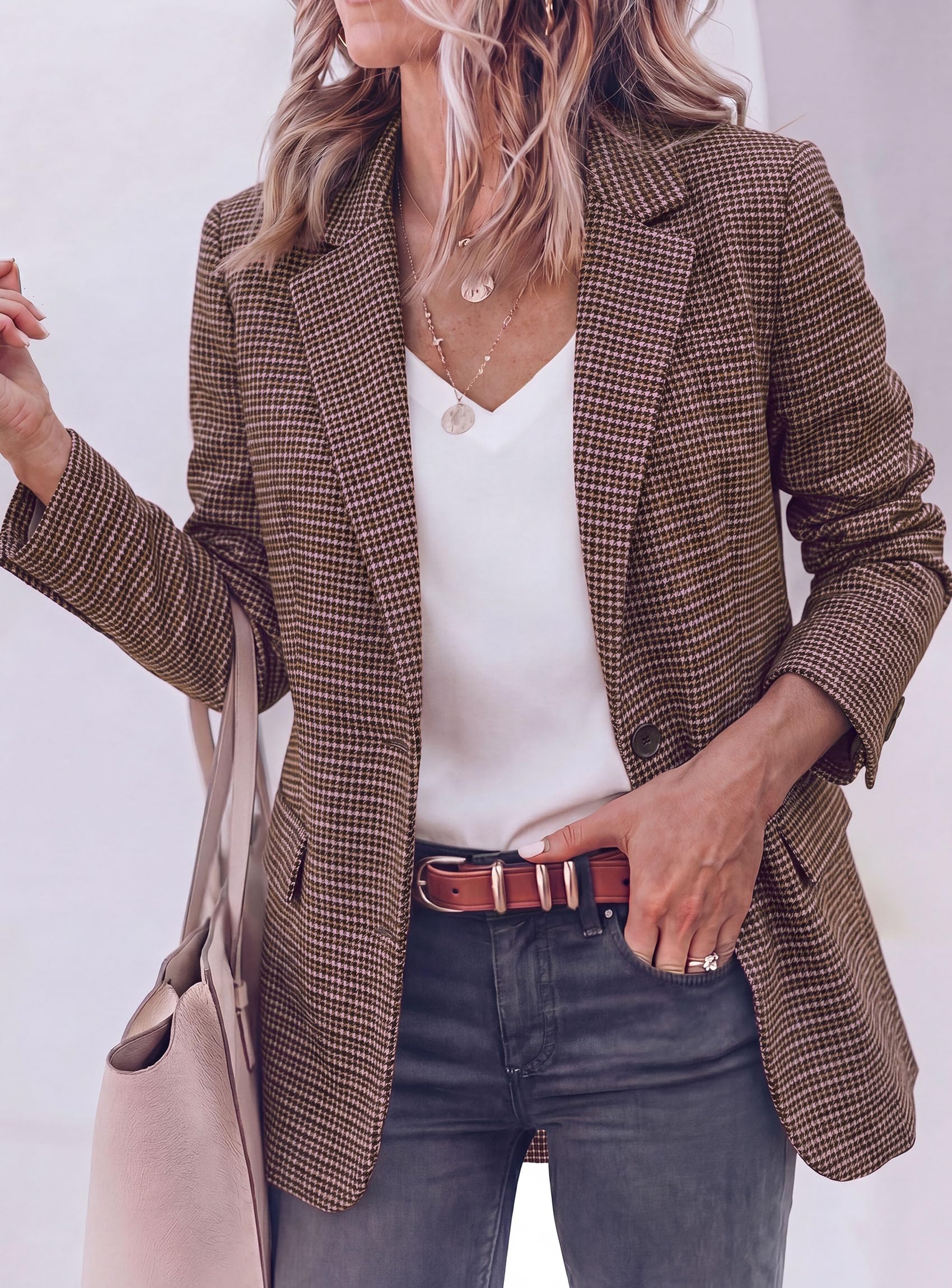 Fall Plaid Blazers for Women Business Casual Pink S