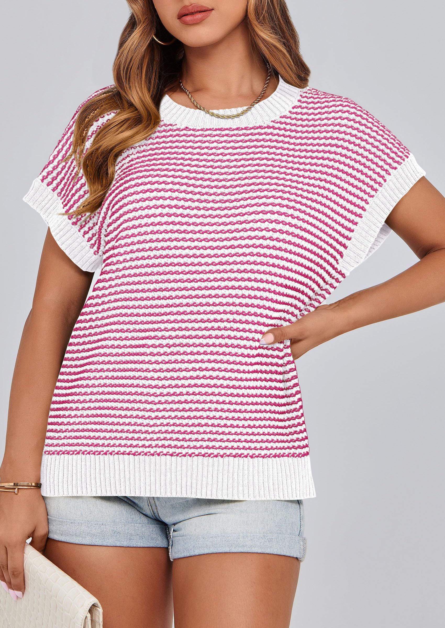 Women's Striped Short Sleeve Sweater Vest Rose Red,S