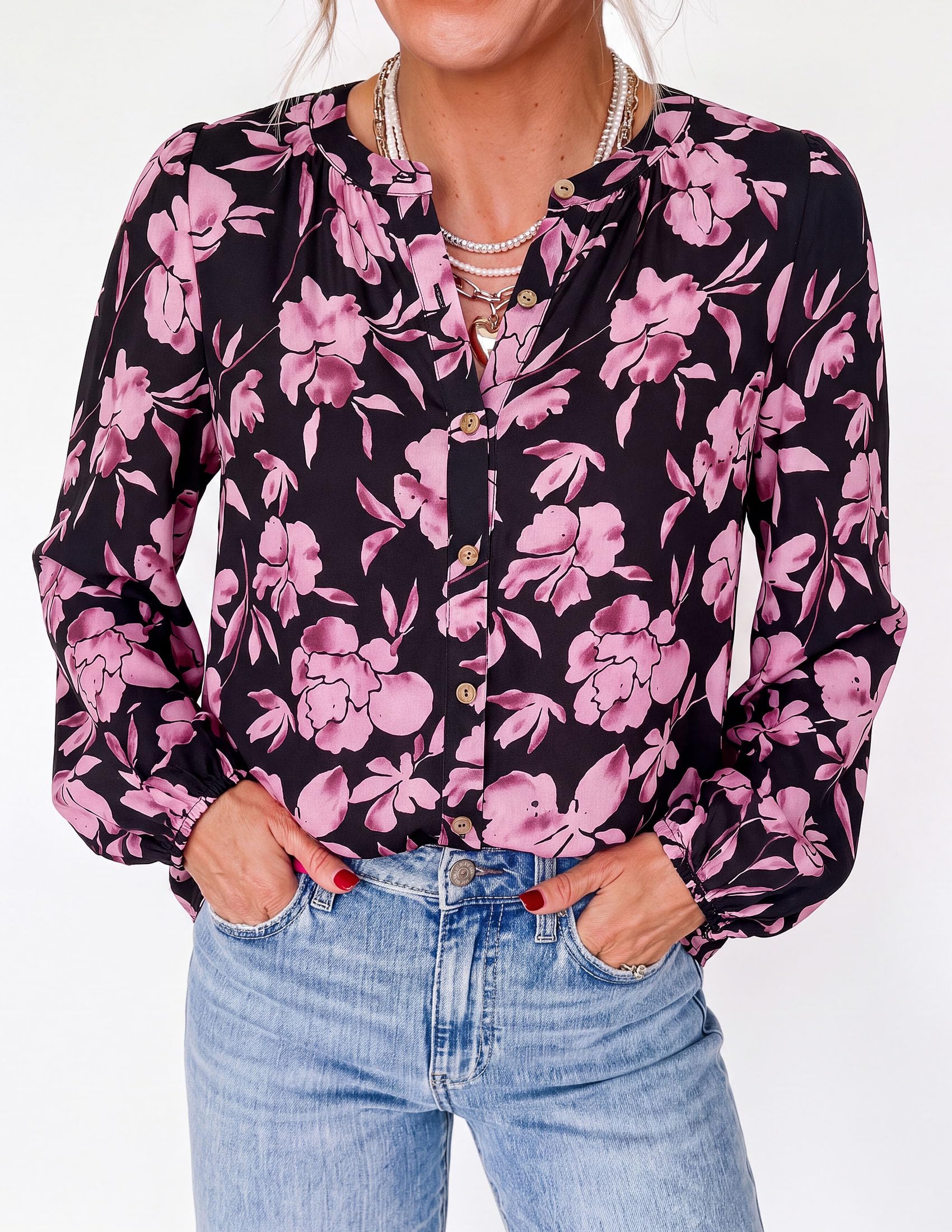 Women's Boho Tops Fall Long Sleeve Button Down Floral Blouses
