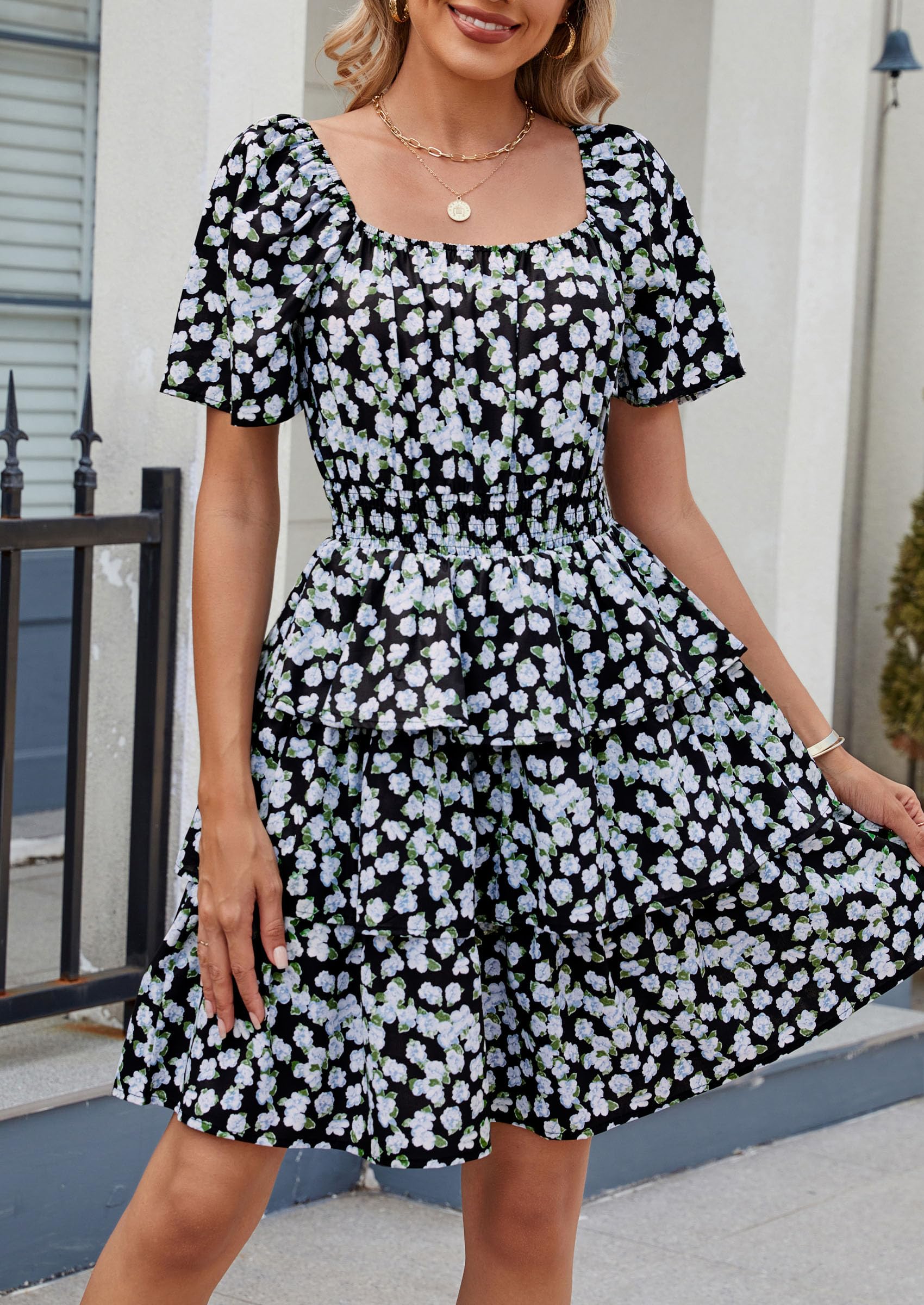 Women's 2025 Floral Summer Short Dress Square Neck Short Sleeve Tiered Ruffle Boho Swing Dresses (Black Blue Floral,Small)