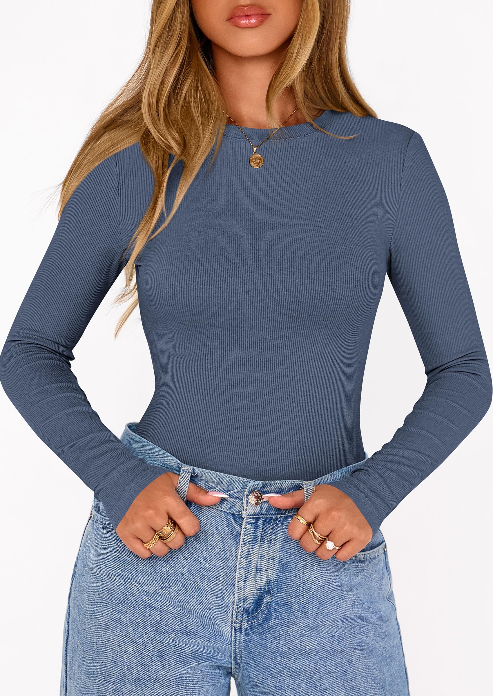 Bodysuits for Women Fall Ribbed Knit Long Sleeve T Shirts