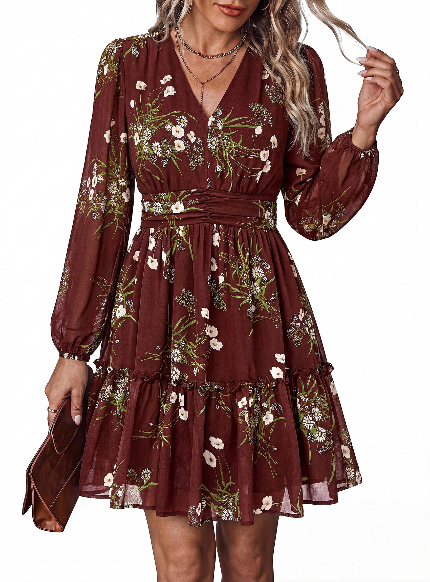 Women Floral Long Sleeve Mini Dress Fall Wedding Guest Dresses