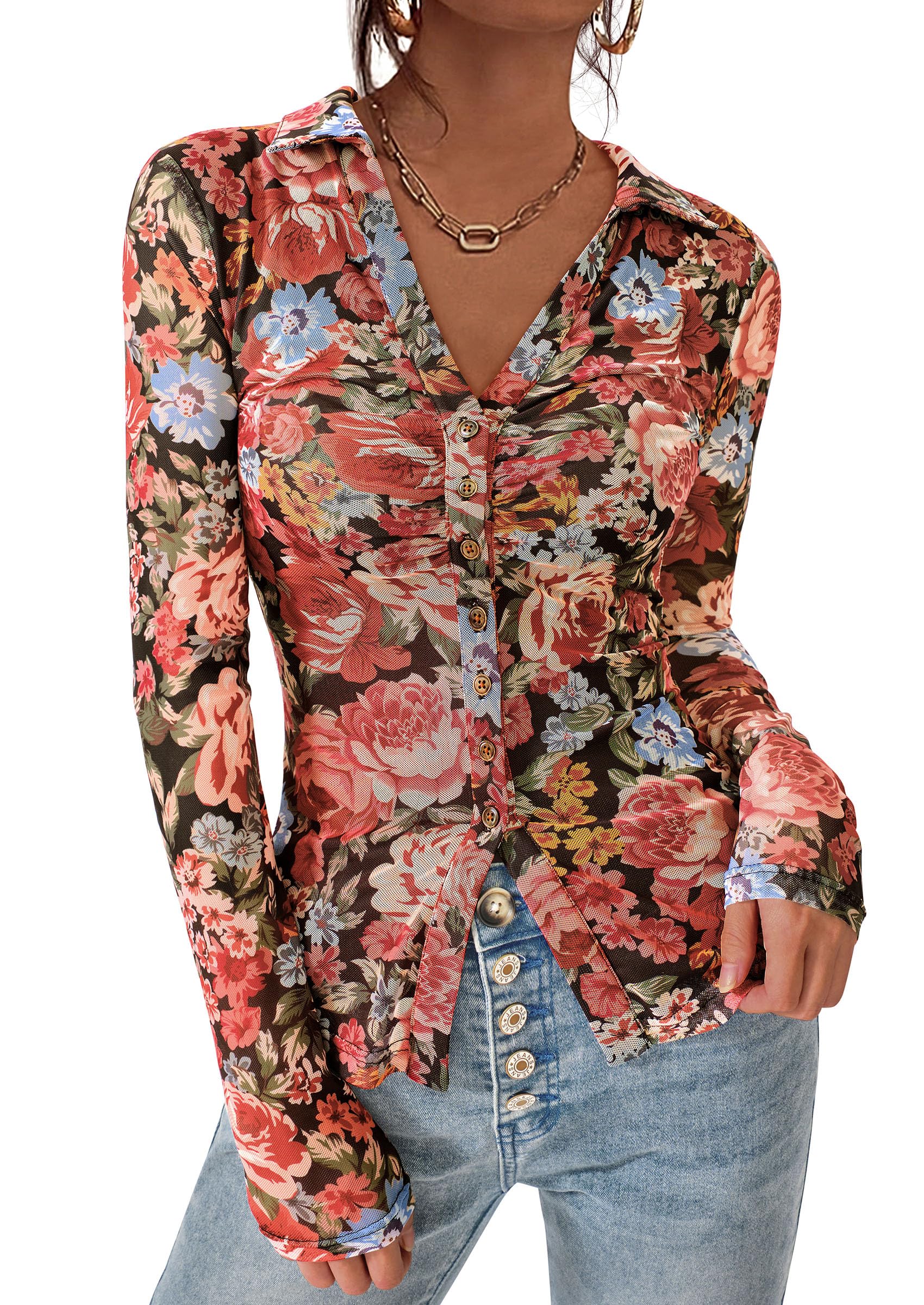 Women's Button Down Shirts Boho Mesh Floral Going Out Tops