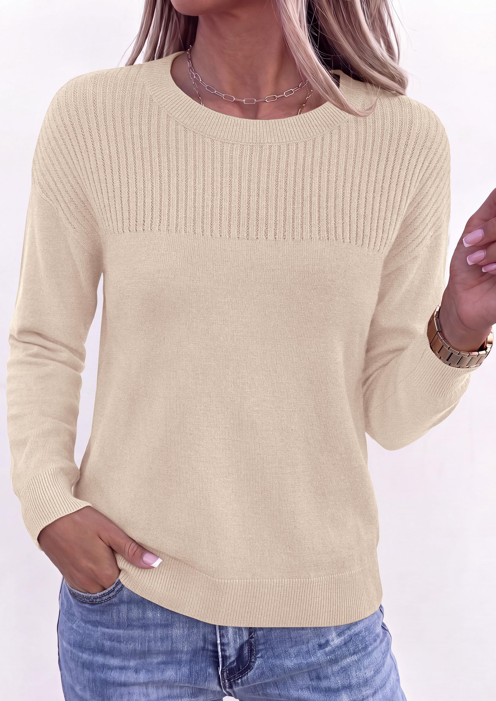 Sweaters for Women Fall Crewneck Knit Cropped Sweater Apricot