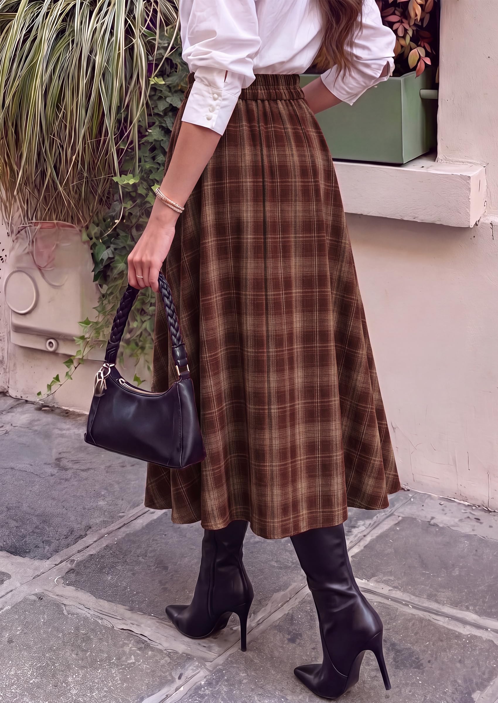 Women's Plaid High Waisted A-Line Midi Skirts,Brown Red,S