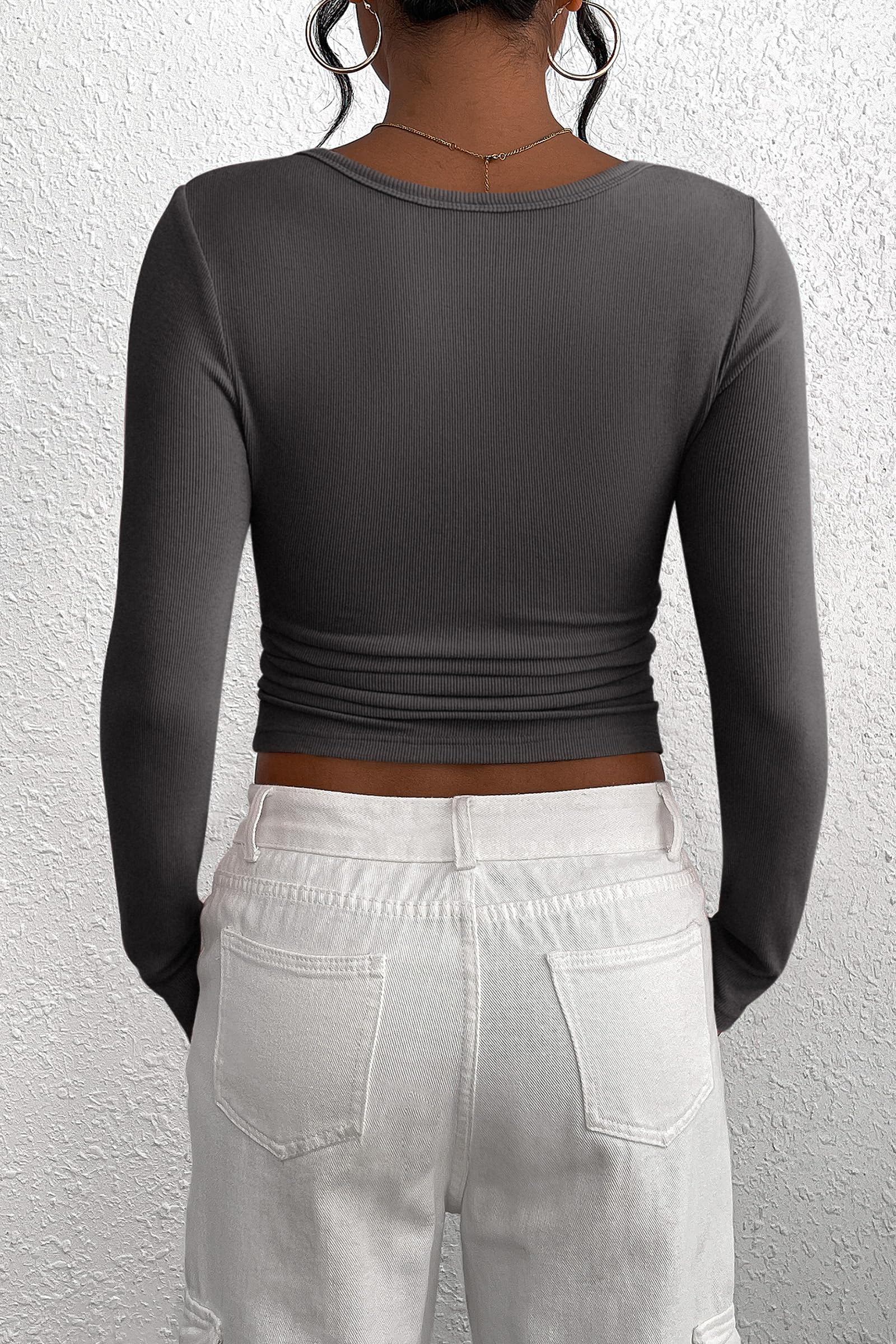 Women's Fall Long Sleeve Henley T Shirts Dark Grey