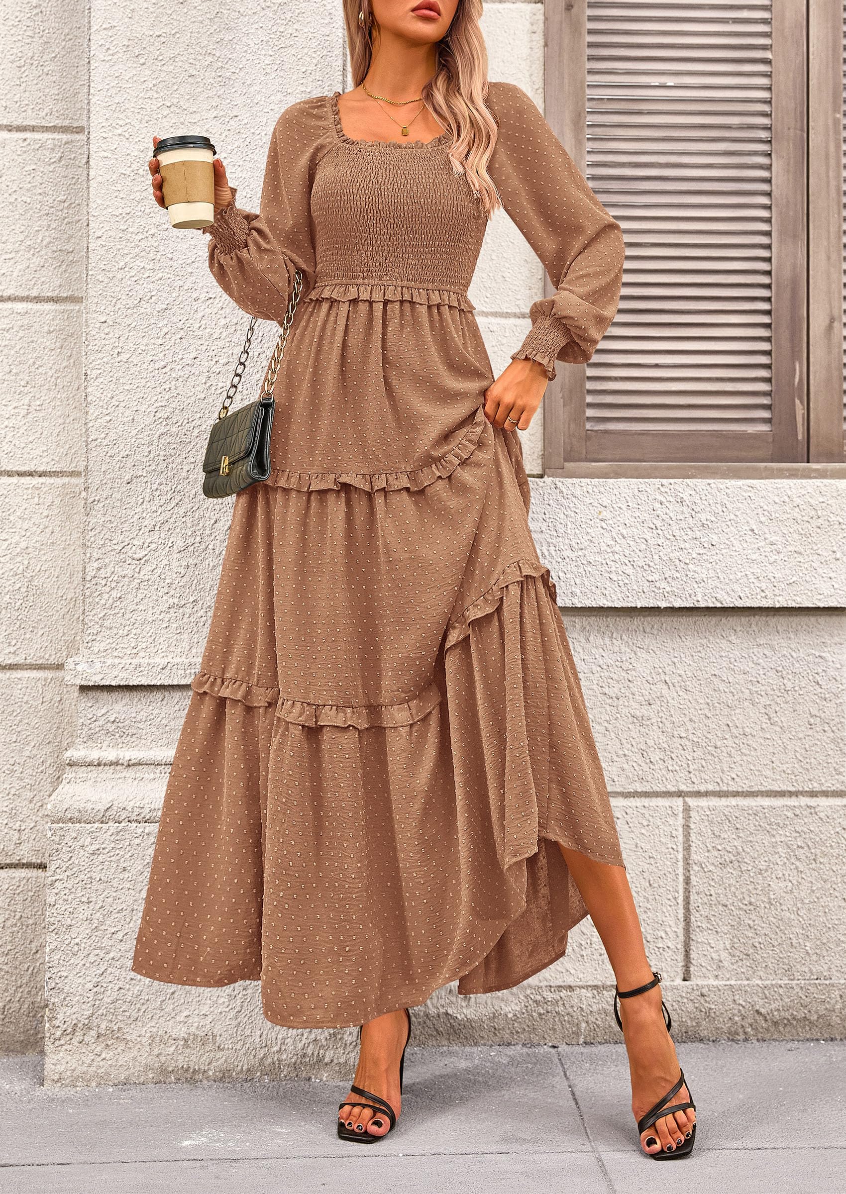 Women's Smocked Long Sleeve Maxi Dress Wedding Guest Dresses