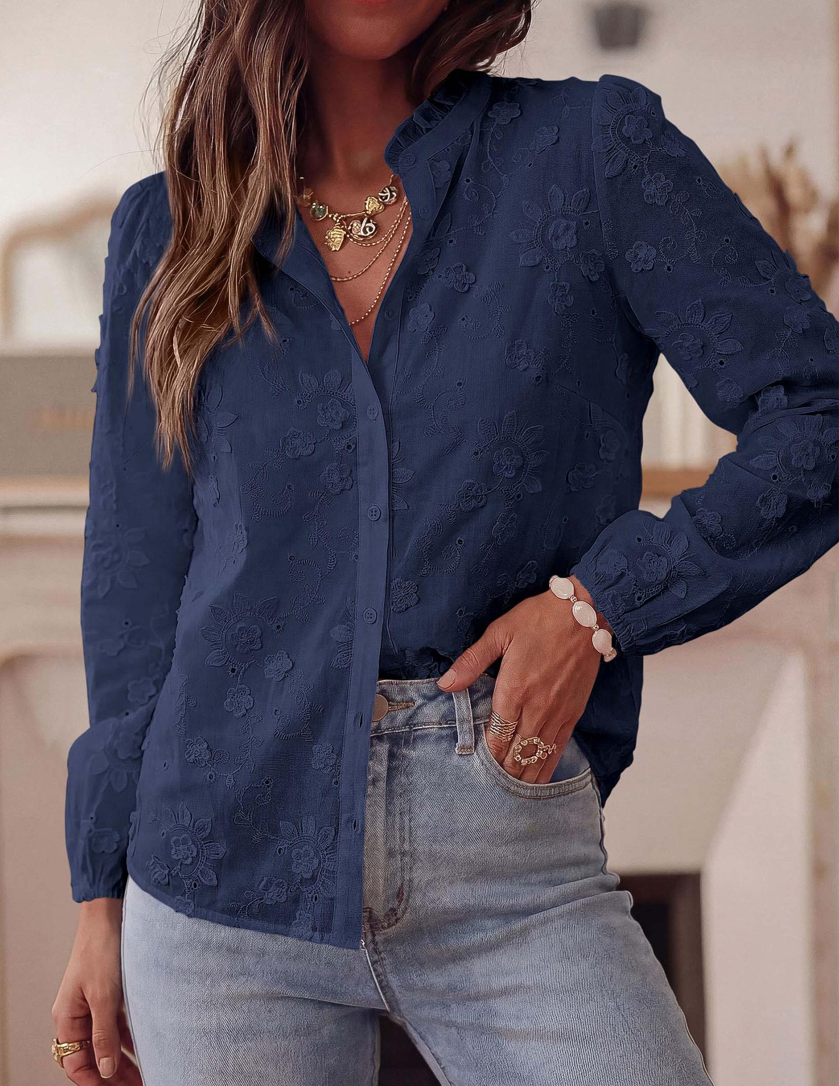 Women's Floral Embroidered Button Down Shirts Work Blouses