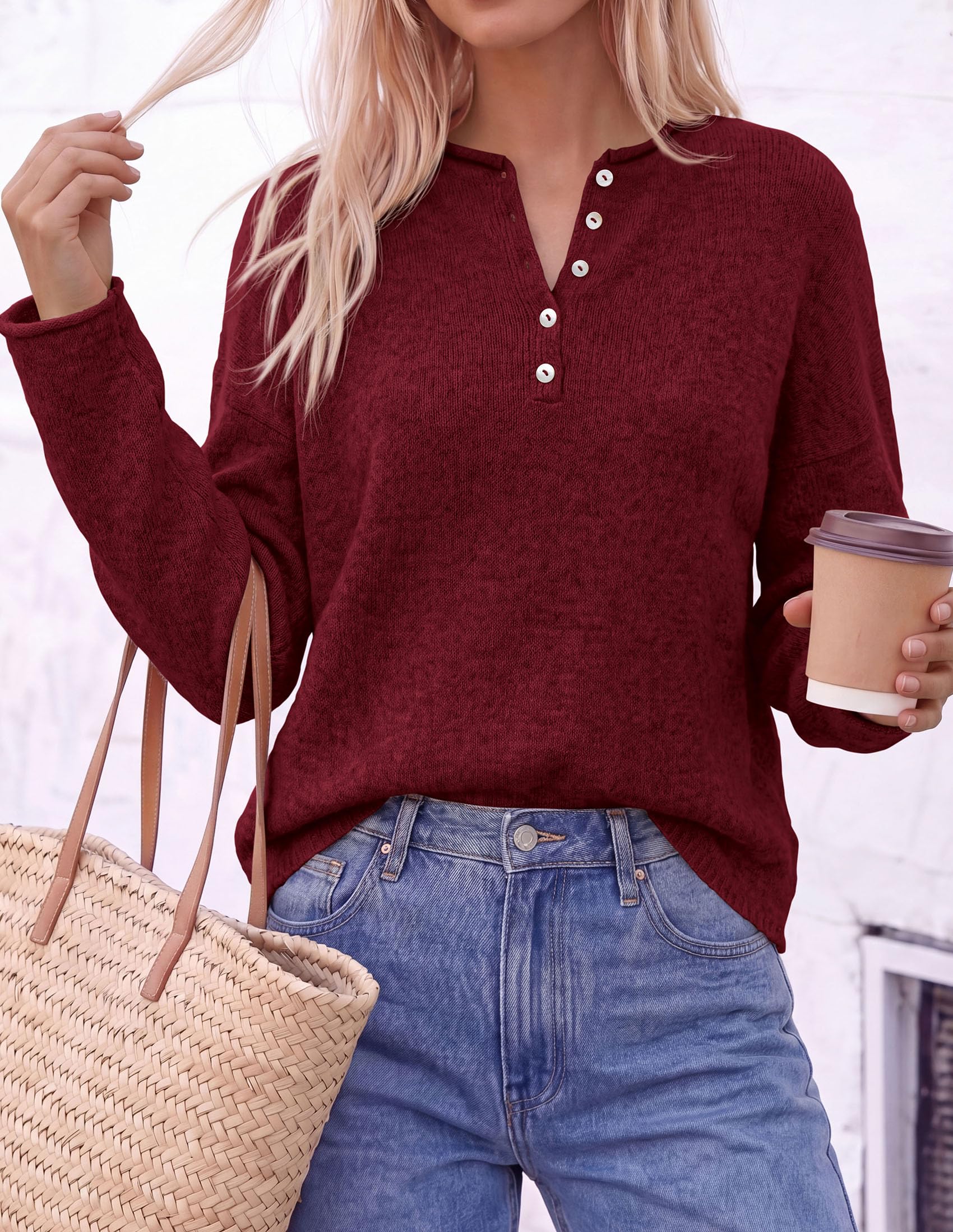 Women's Henley Cozy Sweaters Button Up Pullover Burgundy S