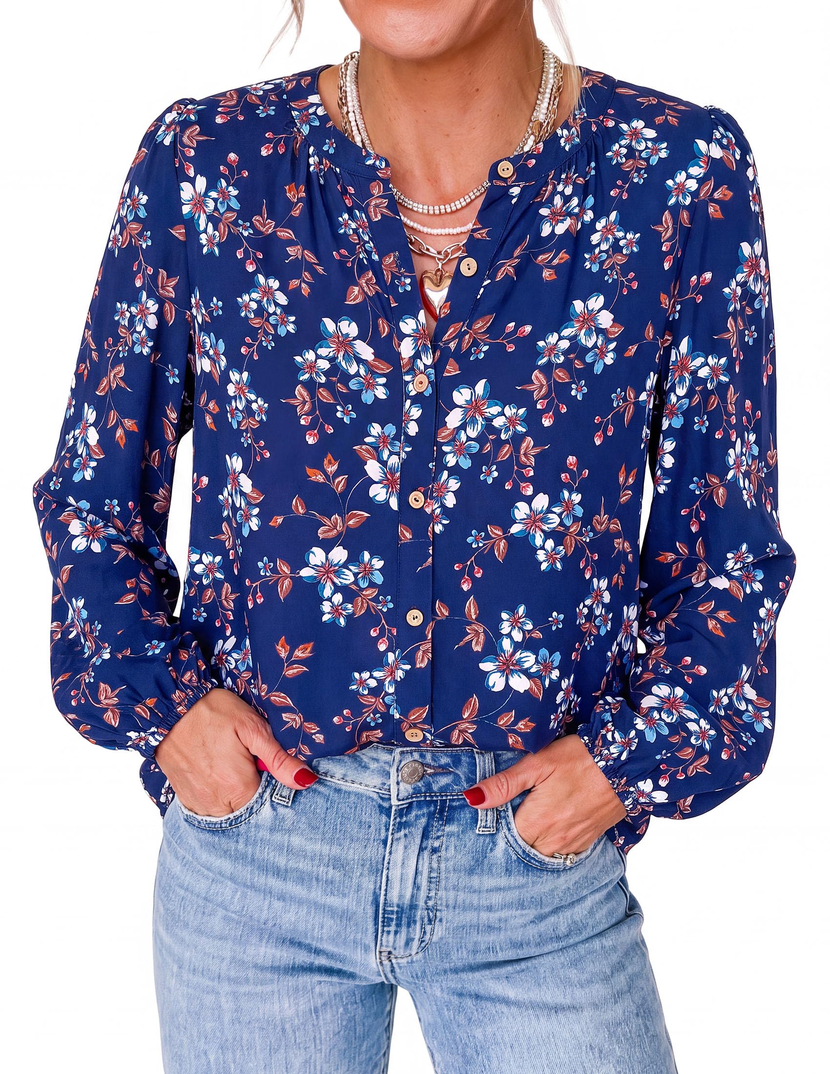 Women's Boho Tops Fall Long Sleeve Button Down Floral Blouses