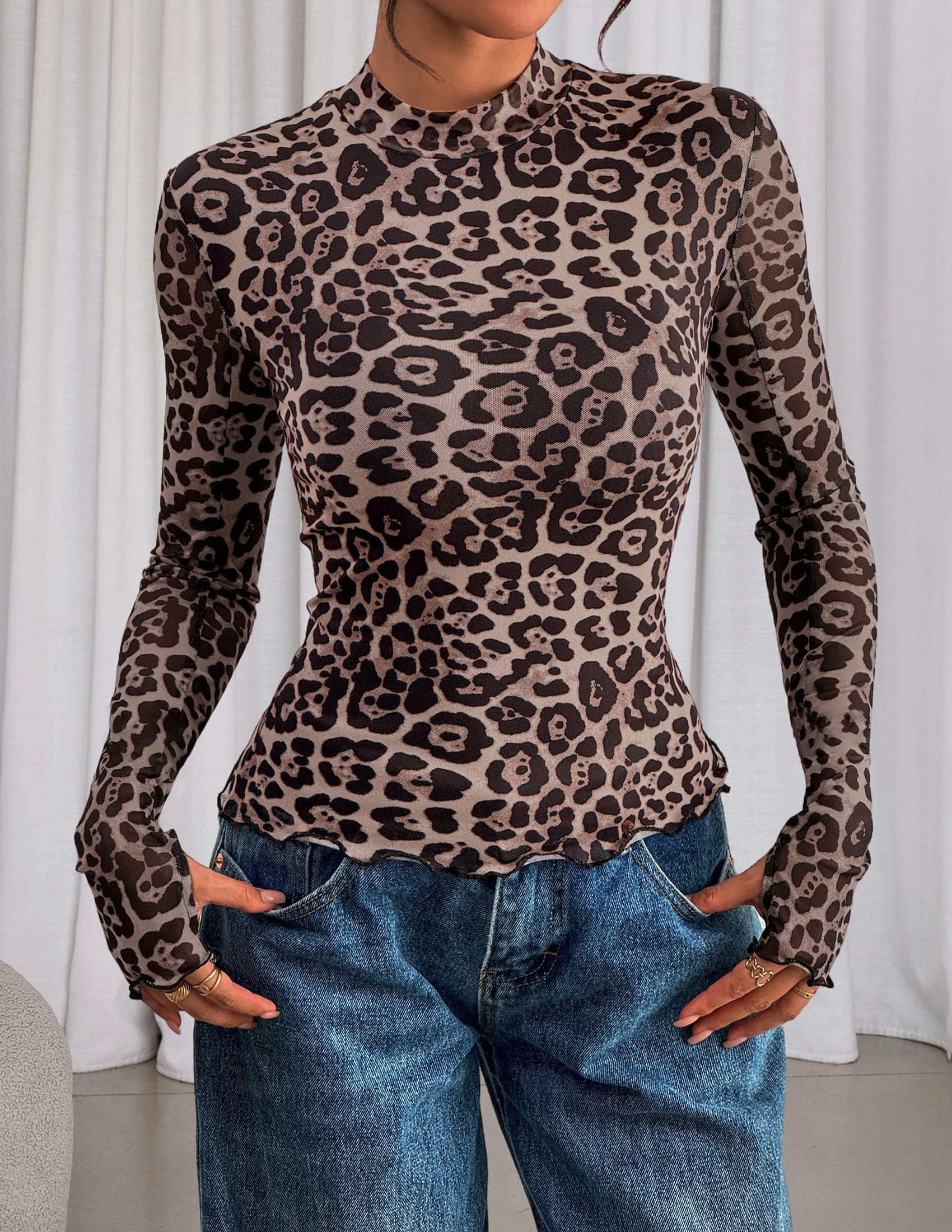 Womens Floral Mesh Long Sleeve Tops Fall Slim Fitted Shirts