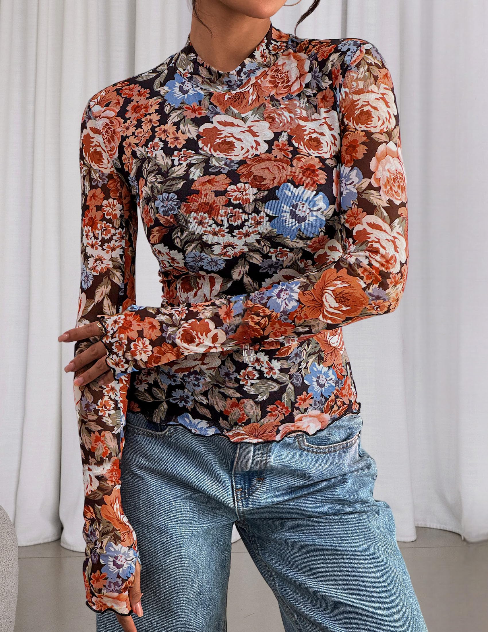 Womens Floral Mesh Long Sleeve Tops Fall Slim Fitted Shirts