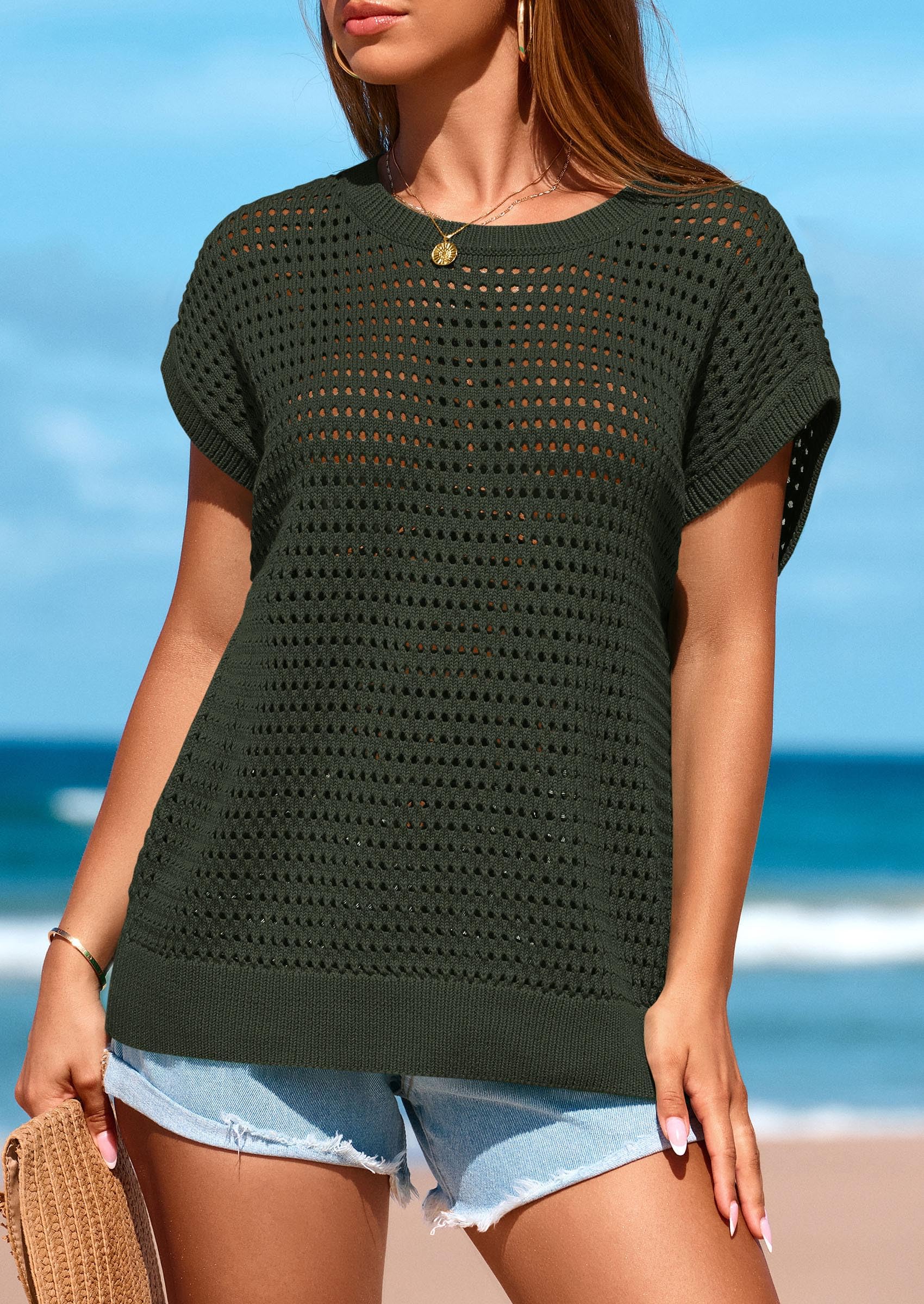 Women's Summer Crochet Cap Sleeve Sweater Tops,Army Green,S
